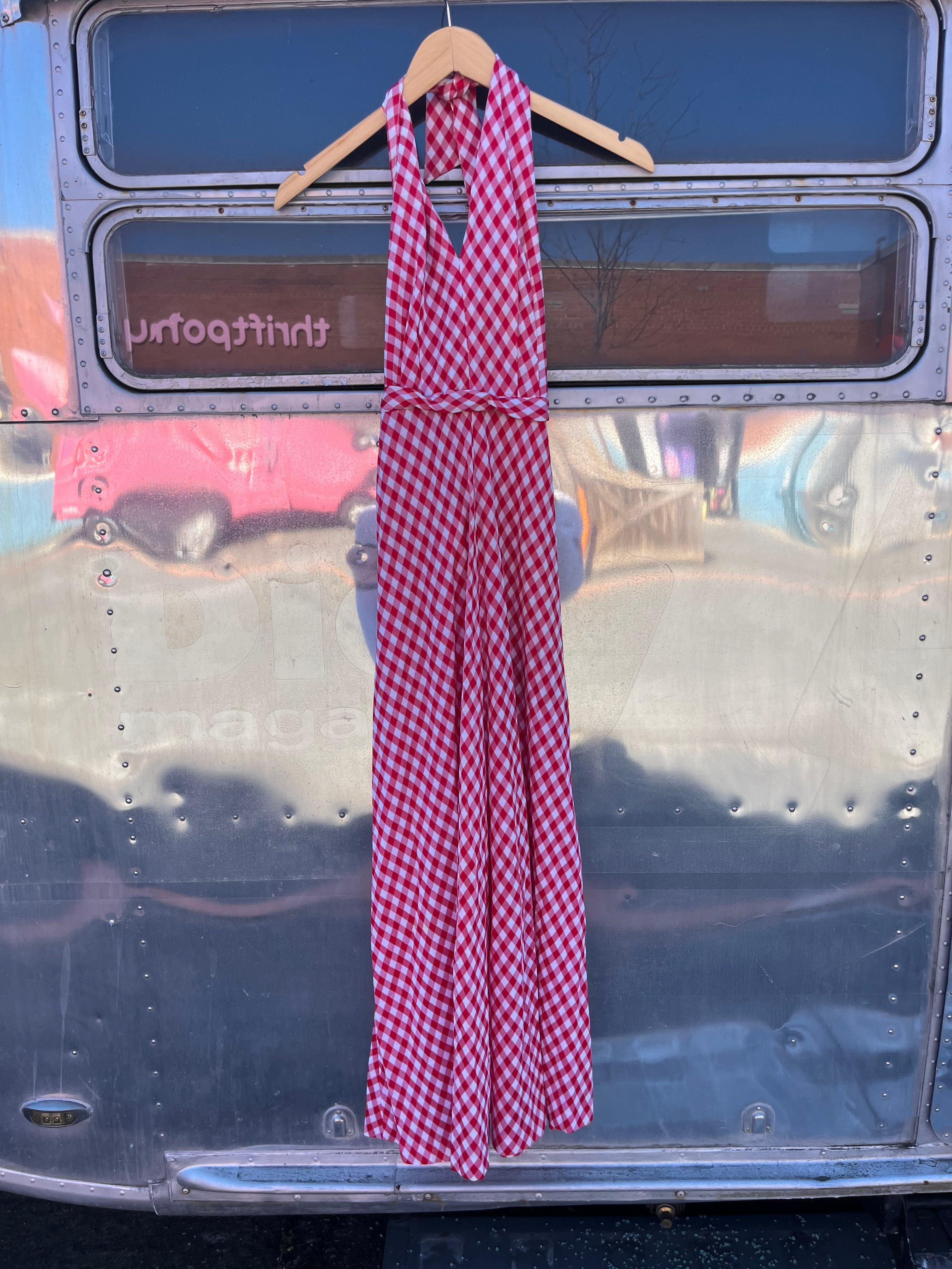 red white vtg gingham jumpsuit, xs