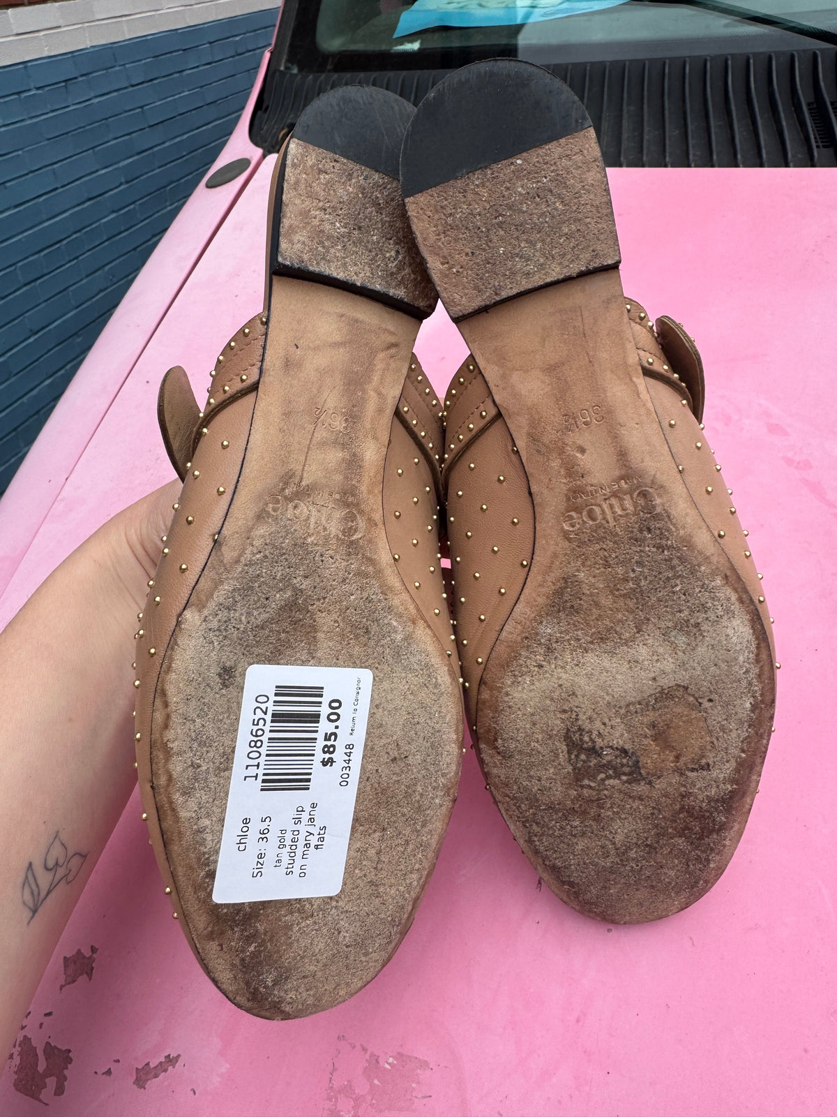 tan gold chloe studded slip on mary jane flats, 36.5