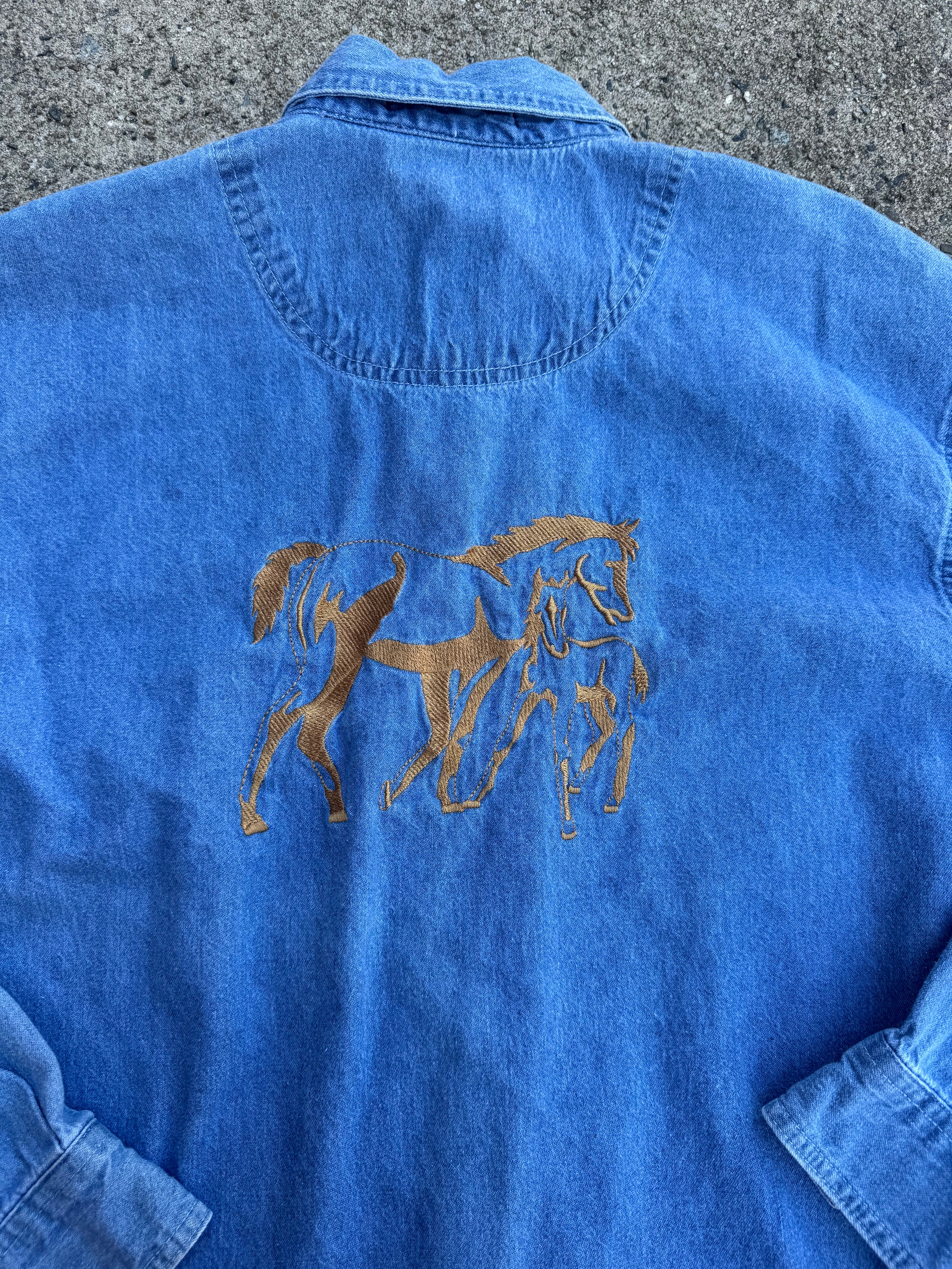 blue horse denim button down, s