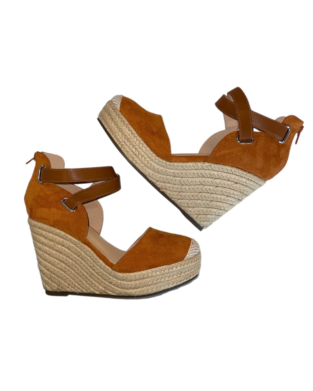 brown piepiebuy suede woven closed toe wedges, 8