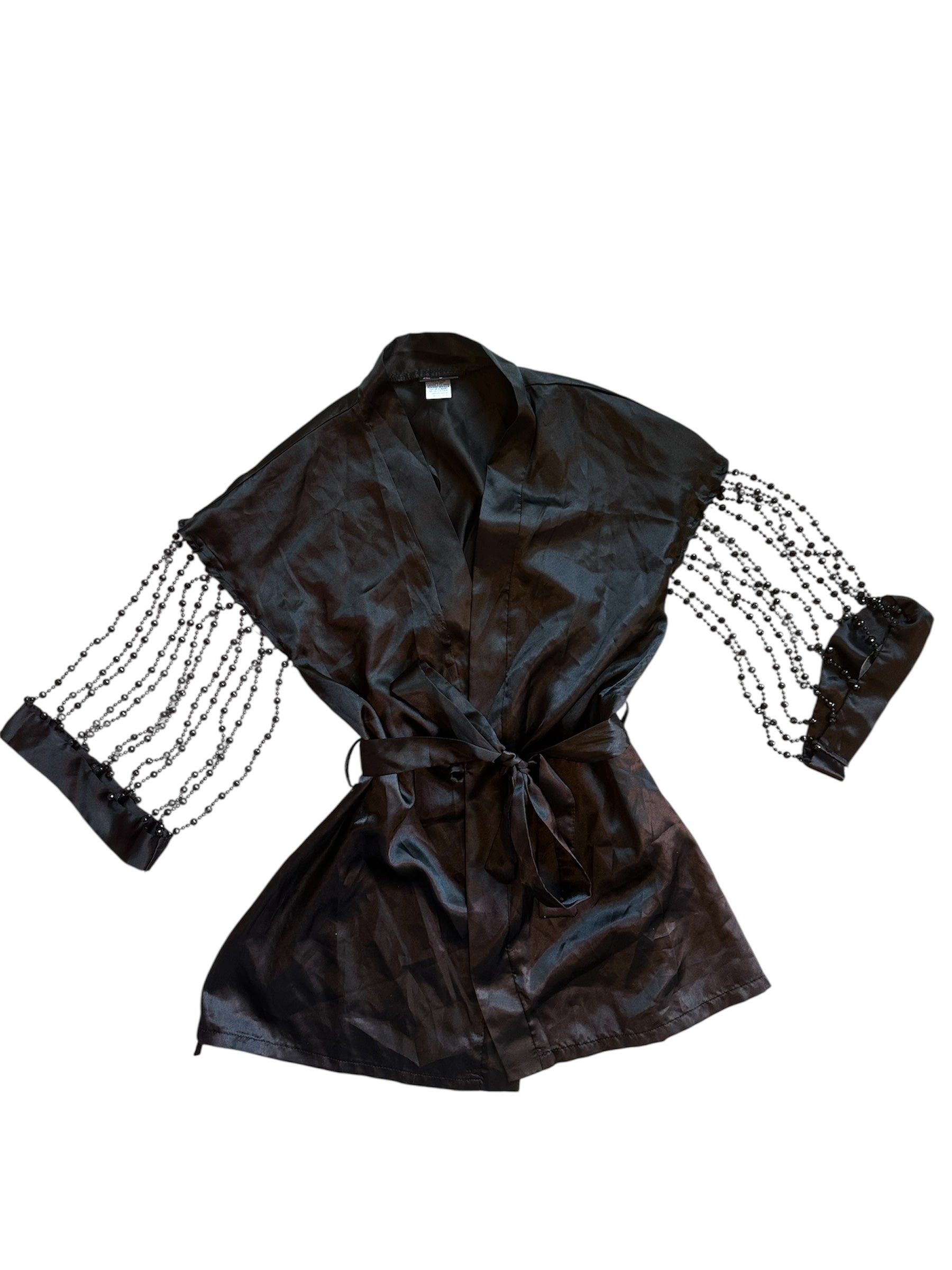 black dreamgirl satin robe w beaded sleeves, s