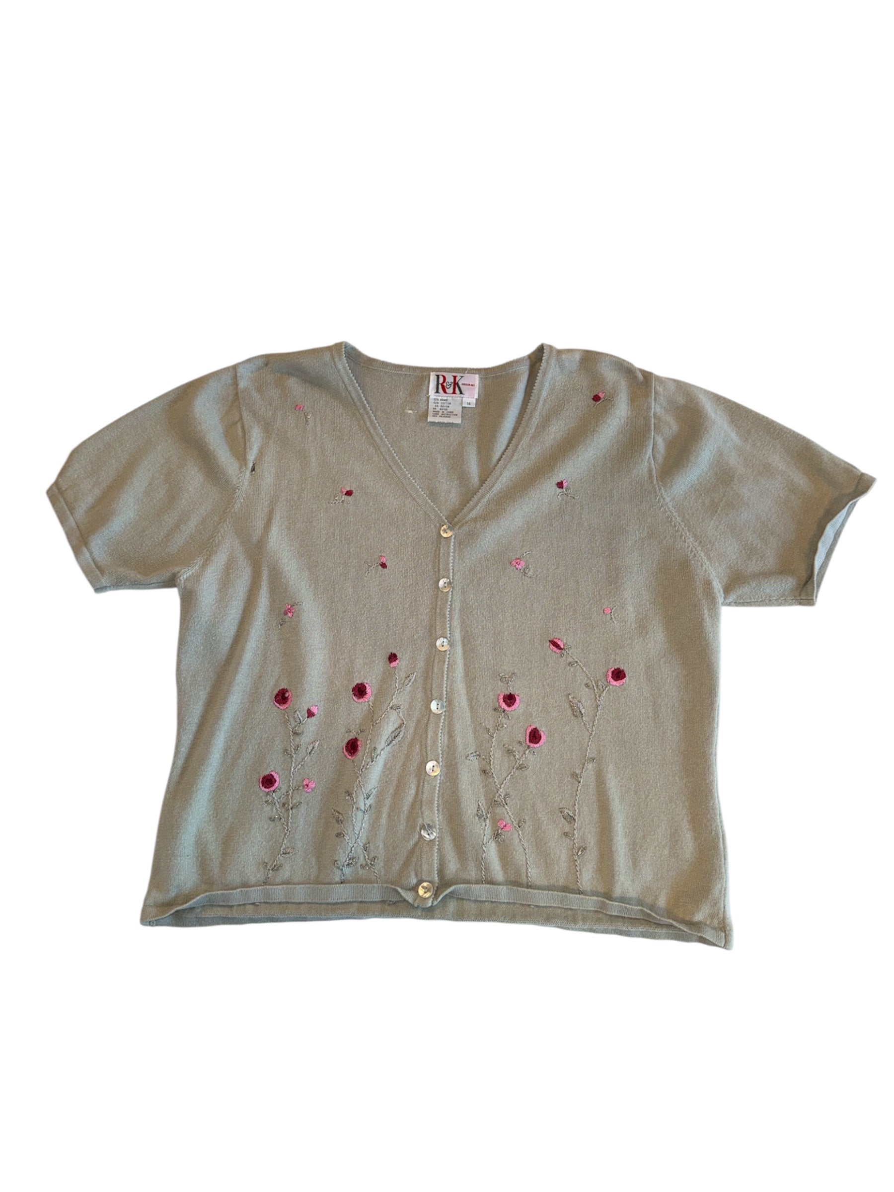 sage green r&k originals vtg ss sweater embroidered flowers, 14
