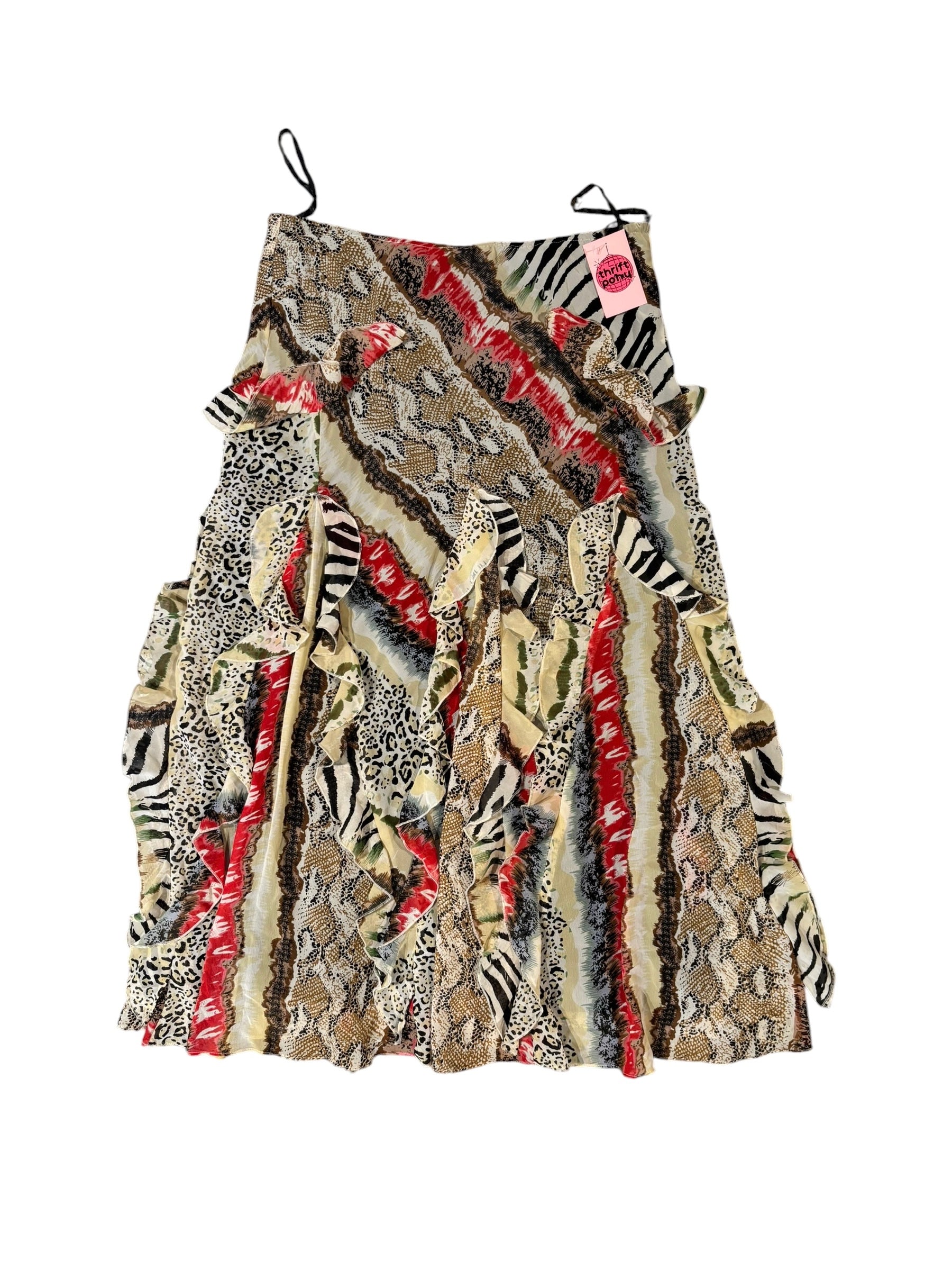 brown red tunique animal print ruffle maxi skirt, L