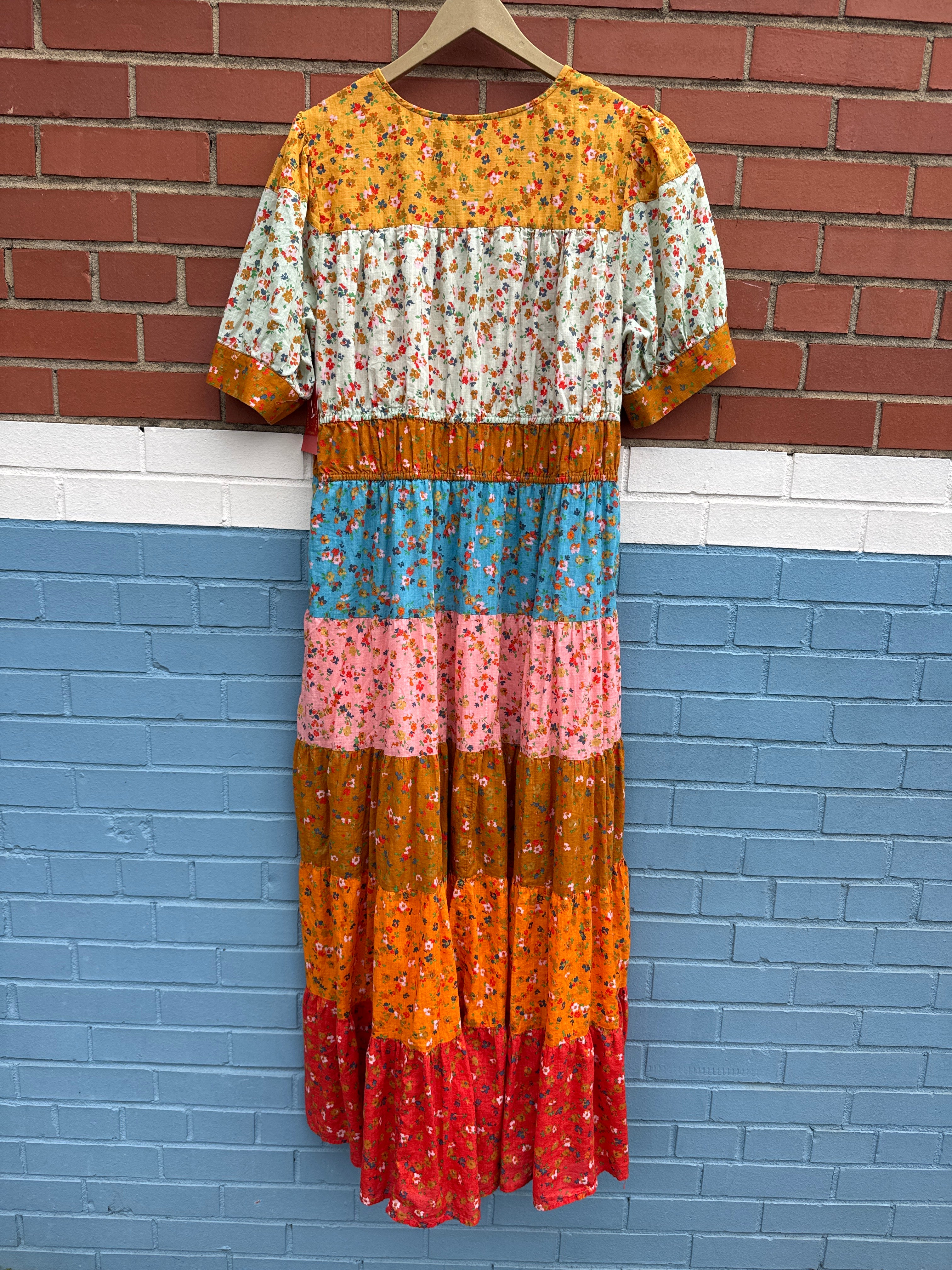 yellow blue green anthropologie multi pattern smocked dress, xl