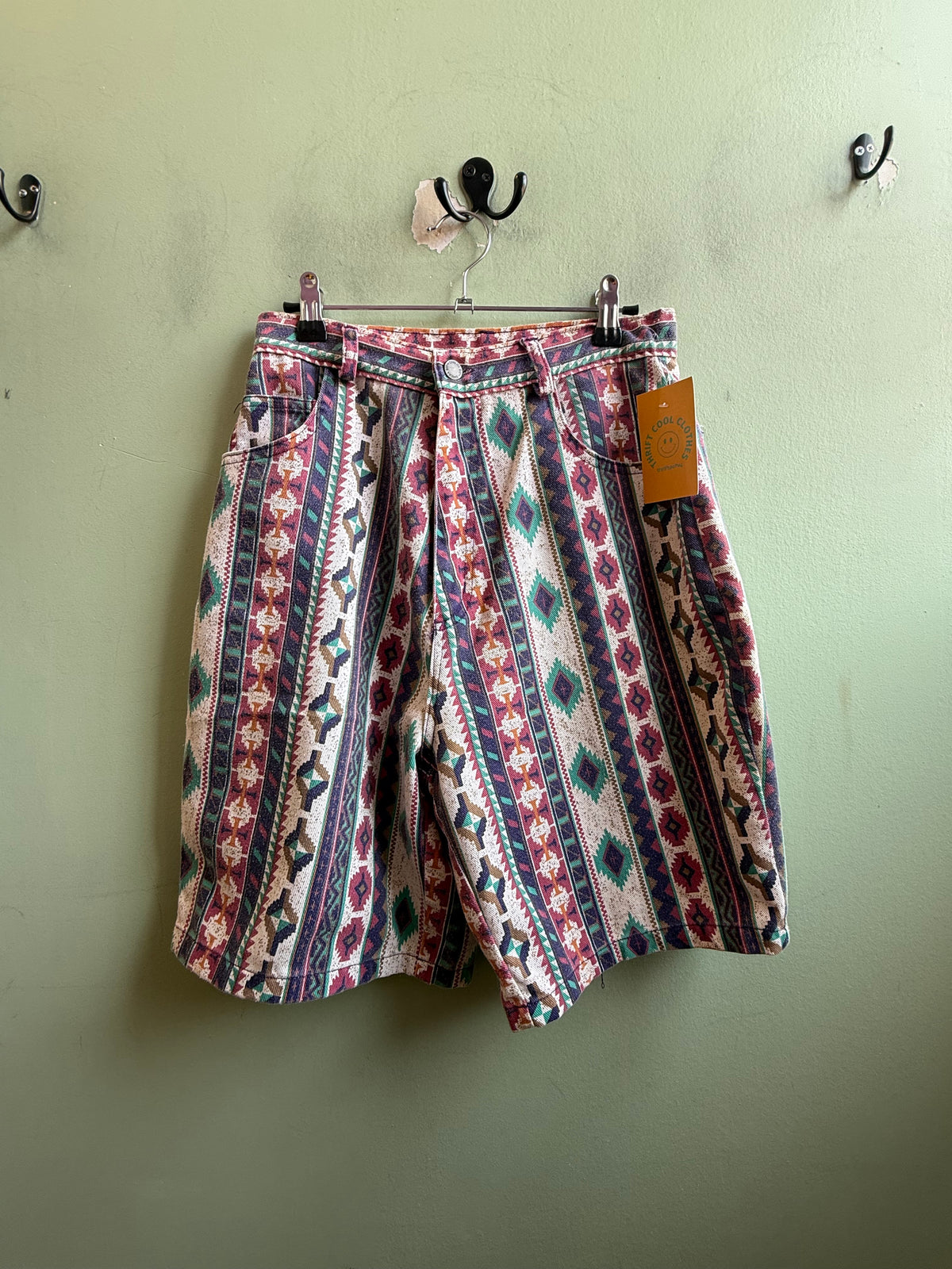 tan green pink carolina bay desert print long denim short, m