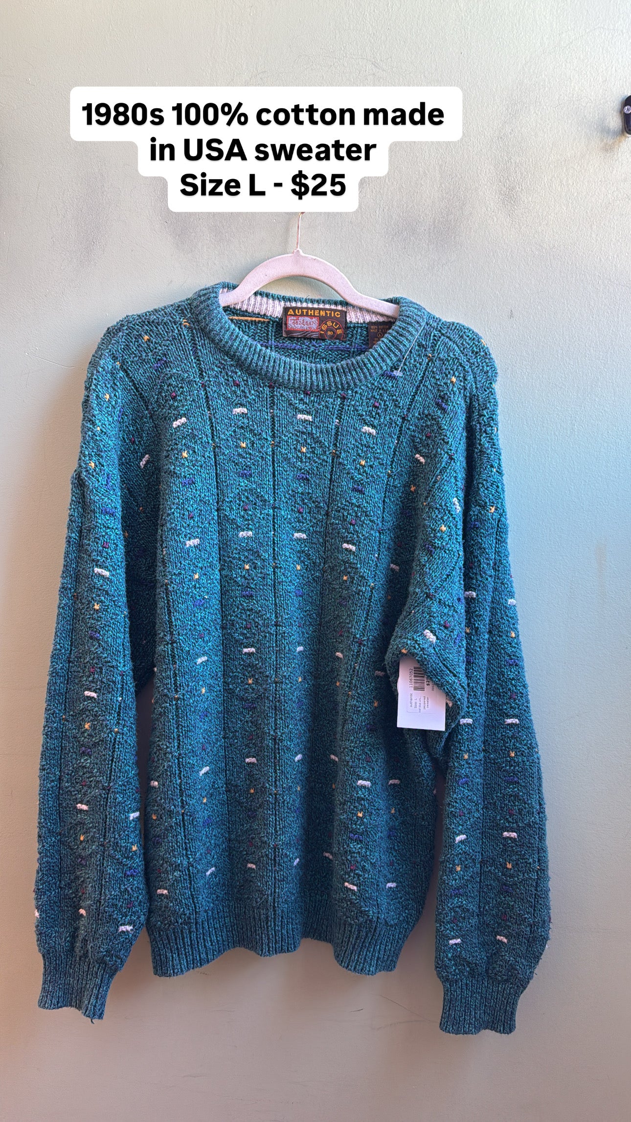 teal blue white yellow authentic peppered sweater, L