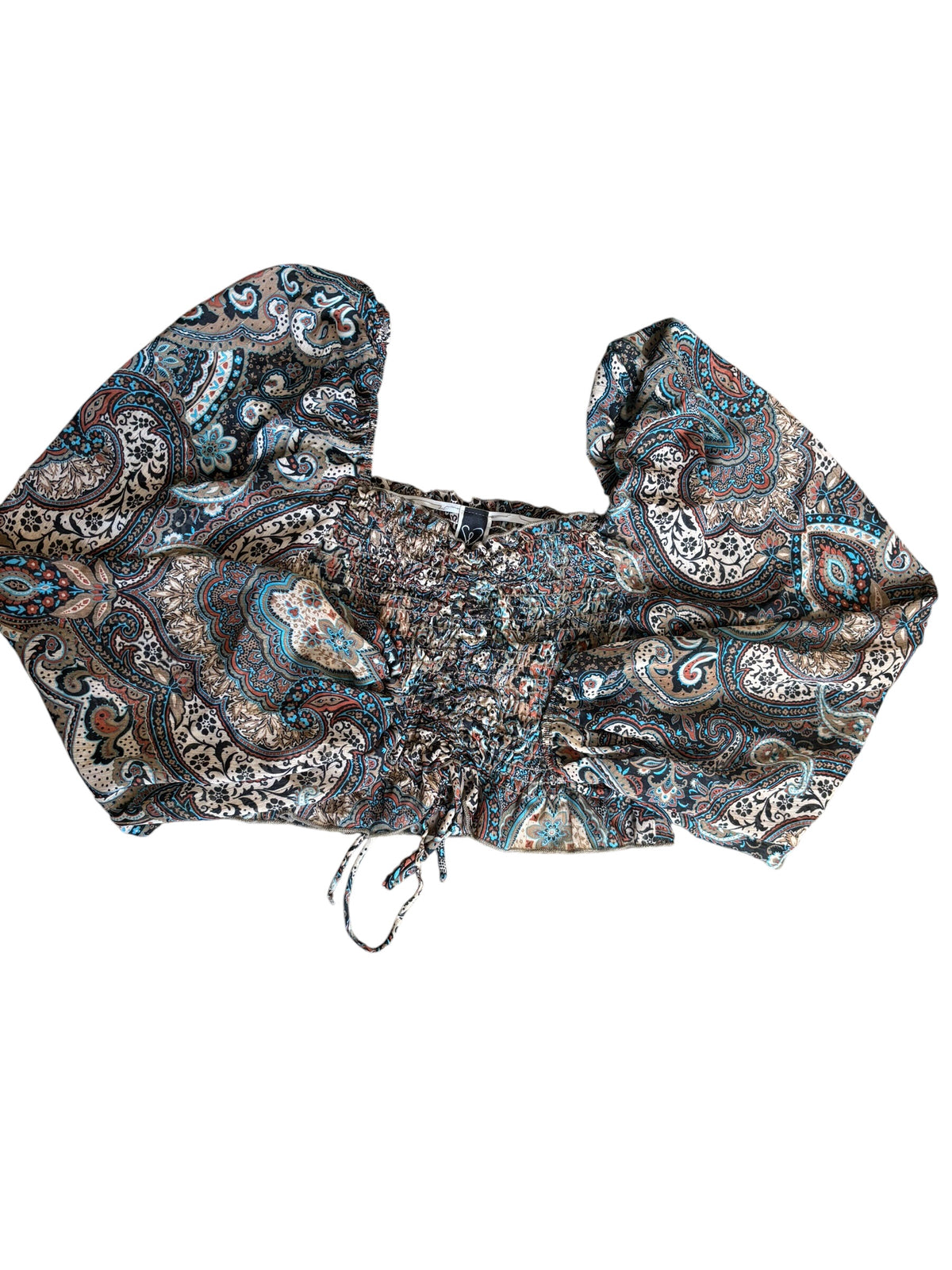 brown blue orange windsor paisley smocked long puff sleeve, s