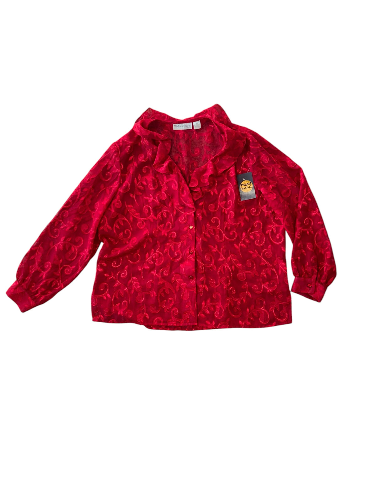 red dressbarn sheer ruffle neck ls, 2X