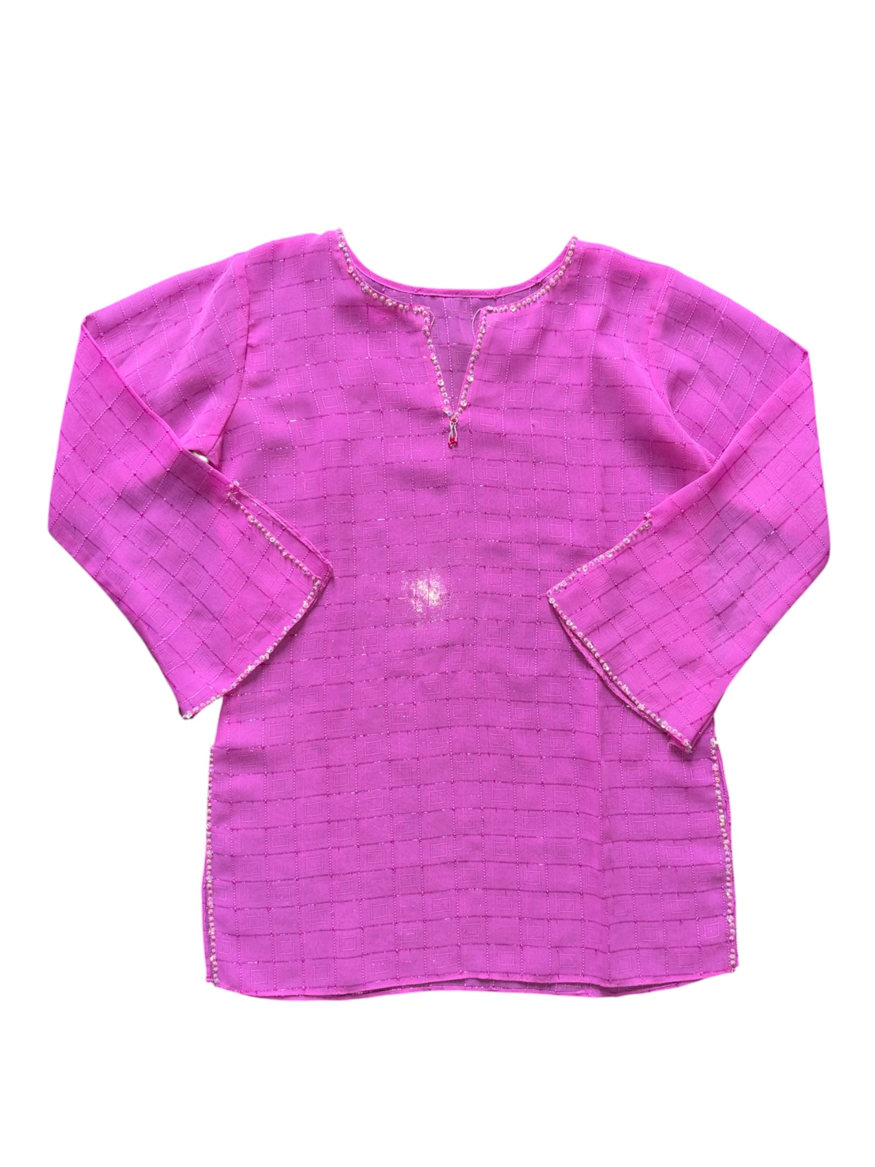 magenta beaded sheer v neck top, L