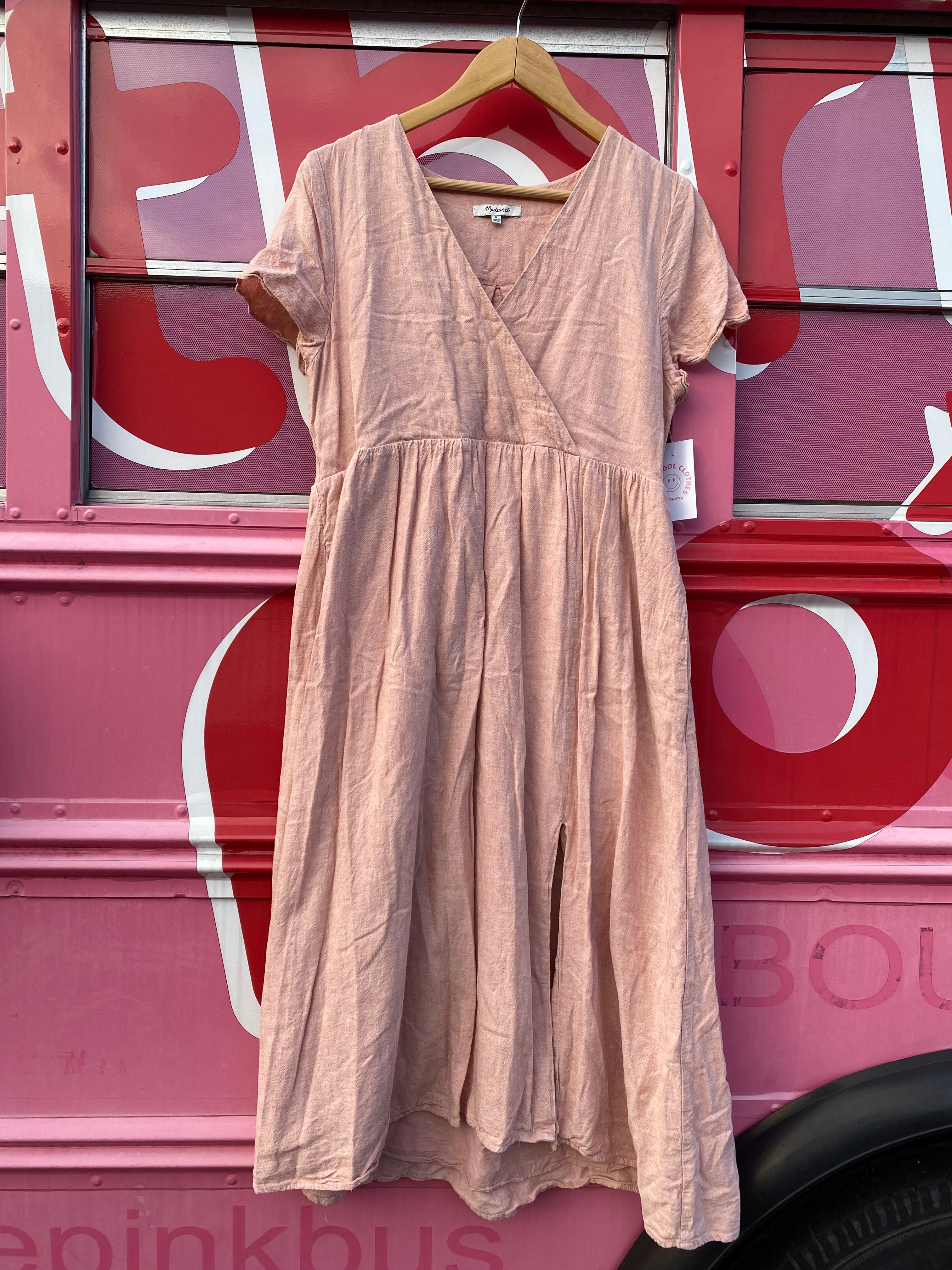 light pink madewell linen ss vneck long dress, m