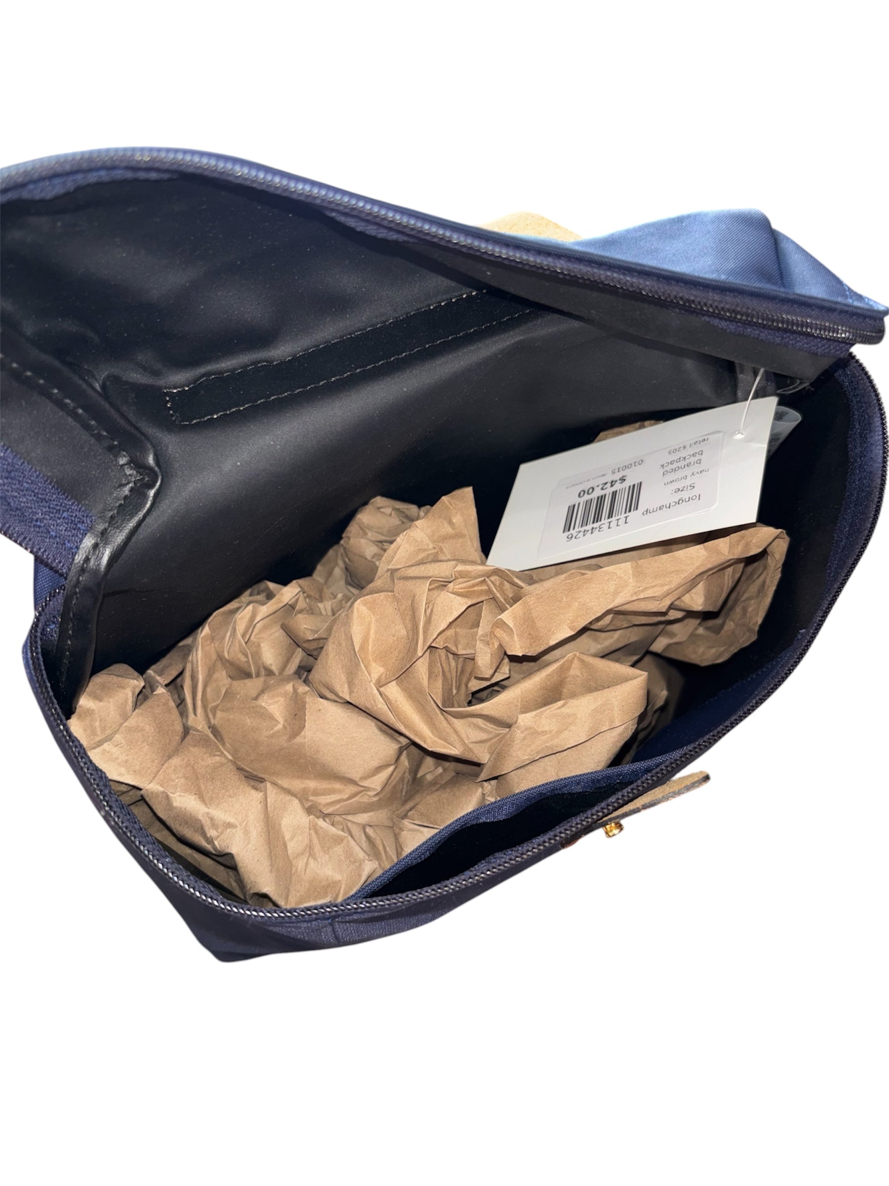 navy brown longchamp branded backpack