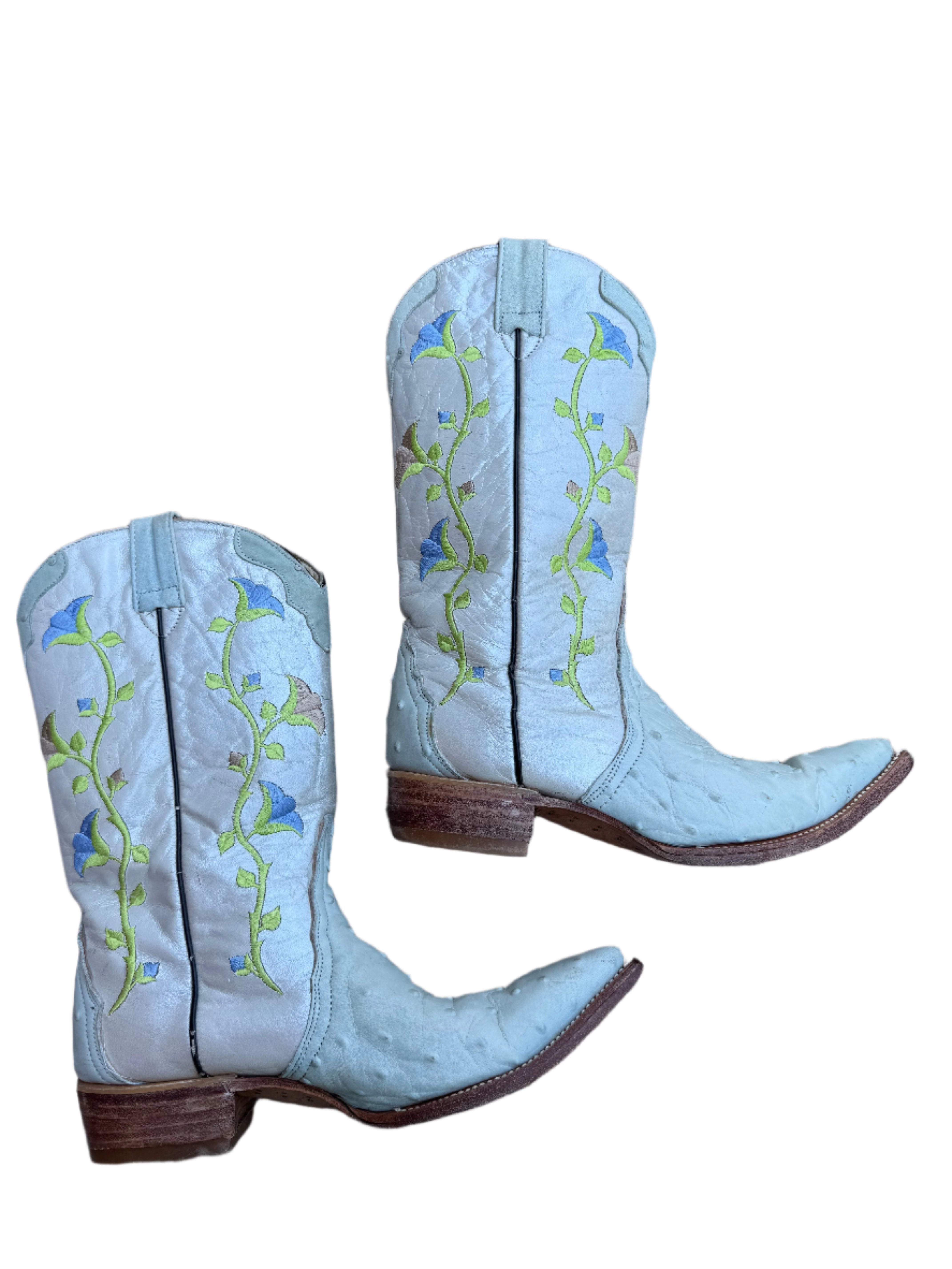 teal green vtg leather floral cowboy boots, 7-7.5 women