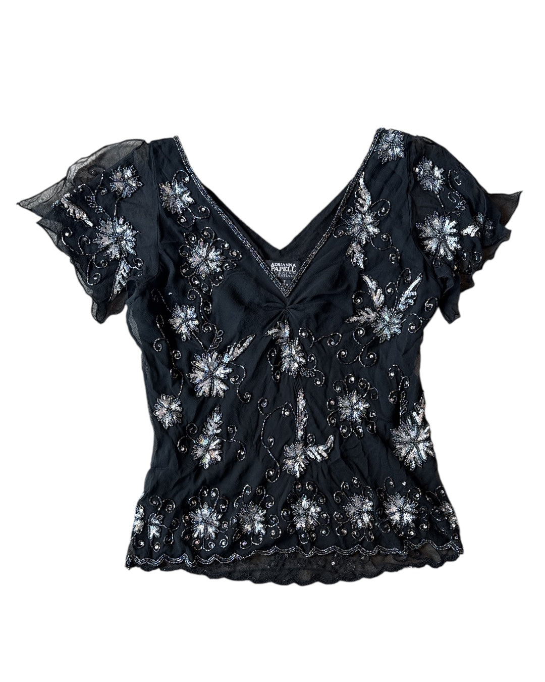 black Adriana papell sheer sparkly floral top, S