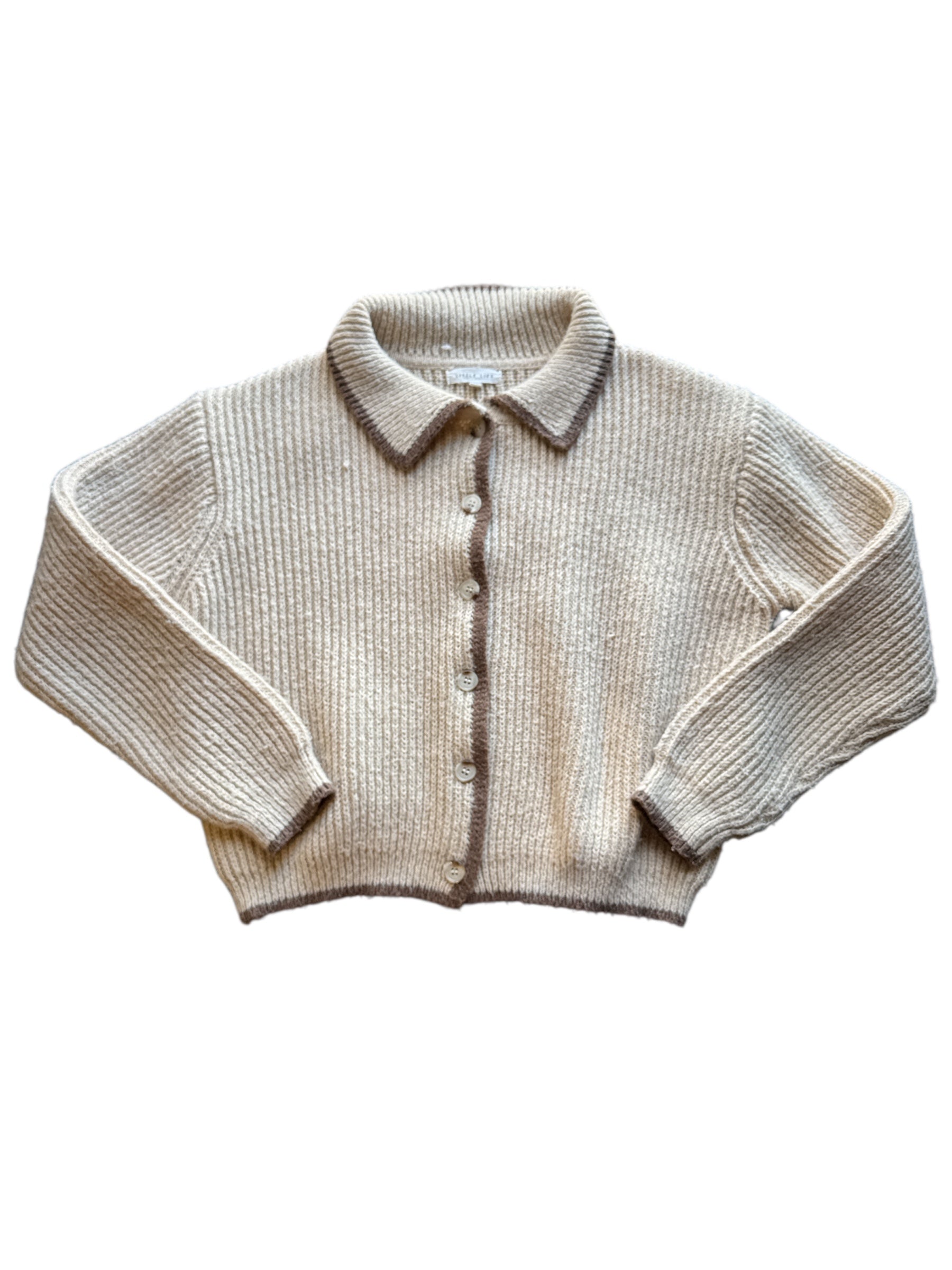 tan little lies brown trim sweater, s/m