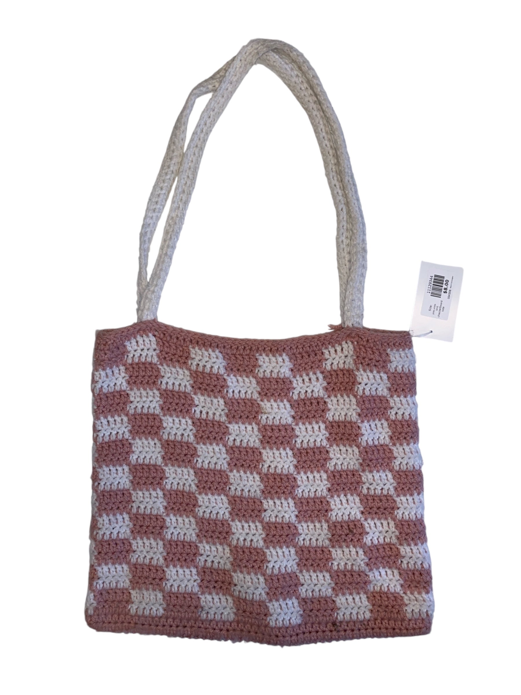 pink white knit checkerboard tote