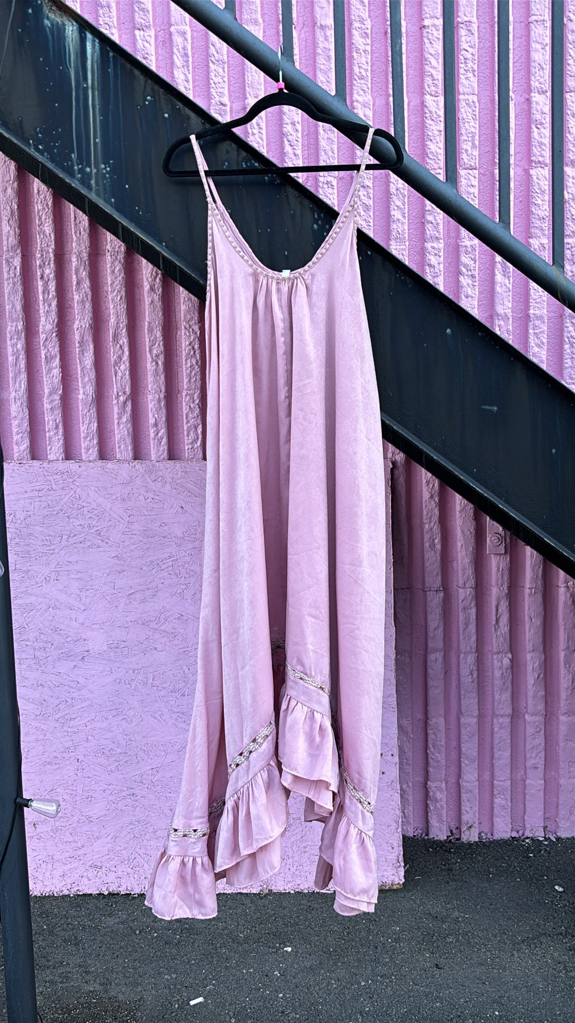 pink free people satin asymmetrical maxi dress, s