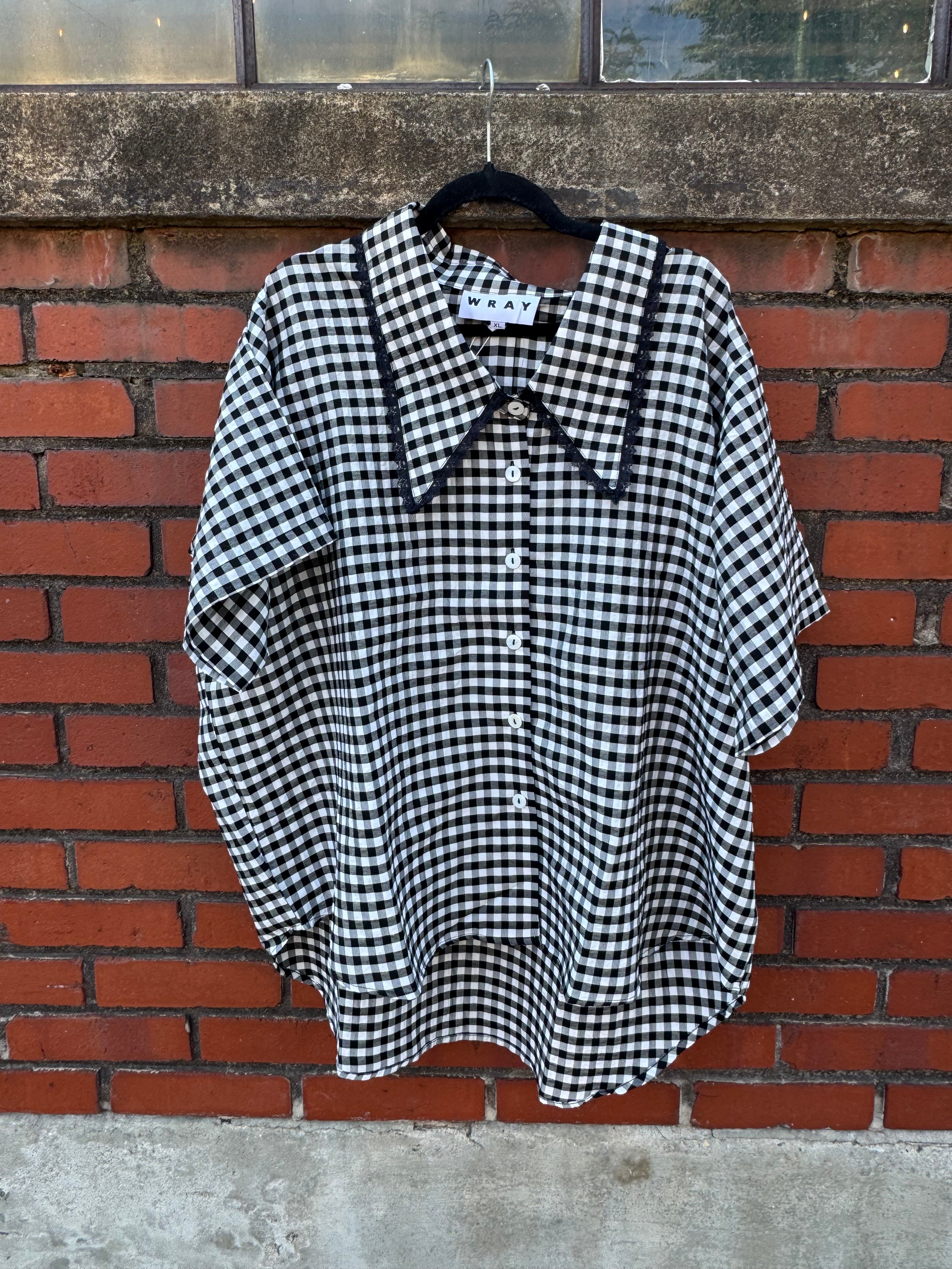 black white wray NWT gingham lace trim collar button up, xl