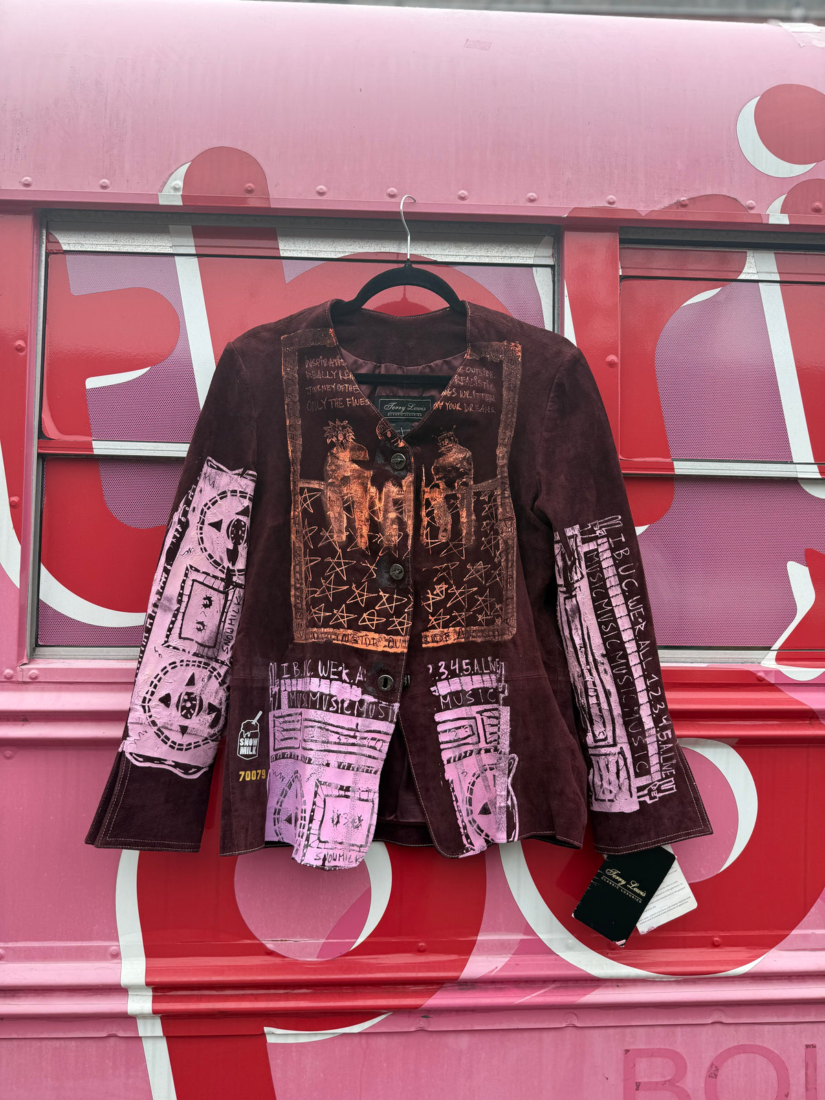 maroon jerry lewis DEADSTOCK screen printed leather jacket, xs