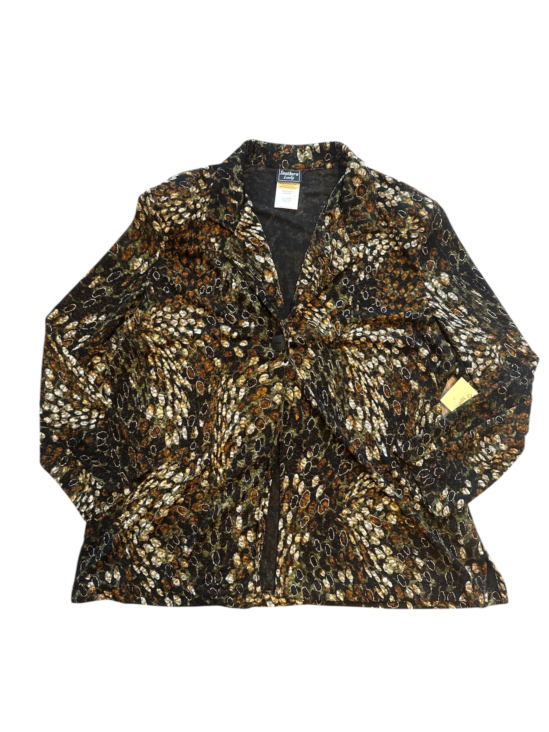 brown soutern lady patterned slinky ls cardigan top, `1x