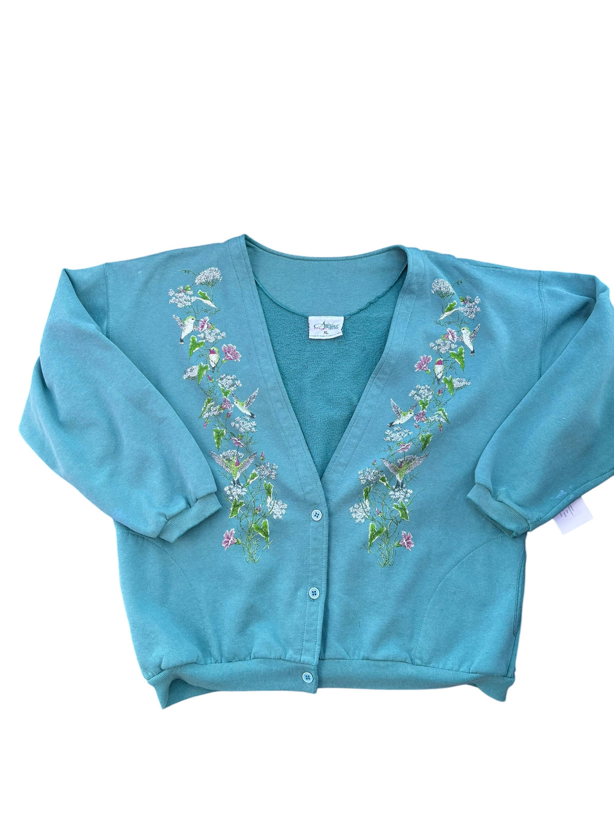 Teal Artisans hummingbird cardian, XL