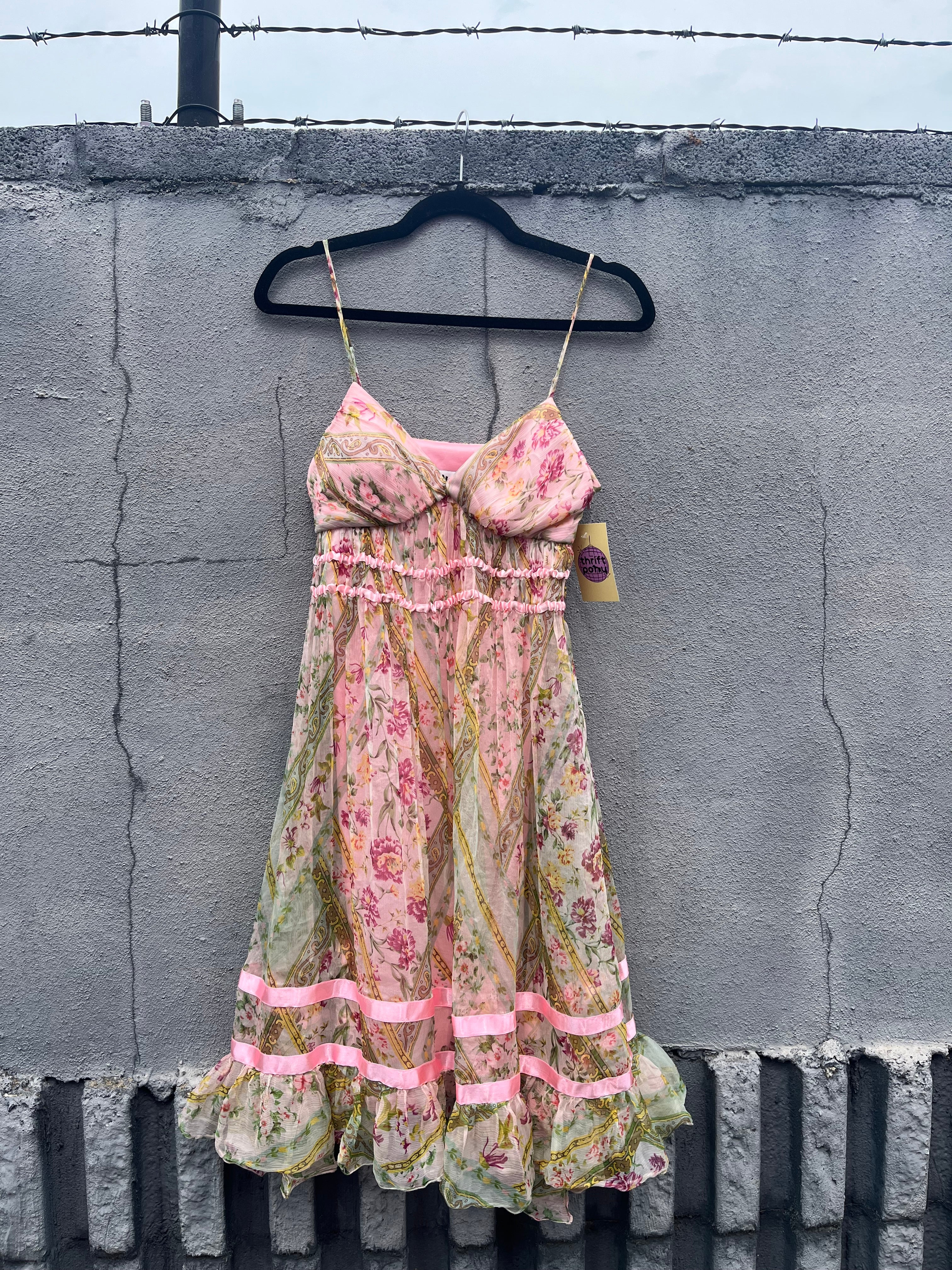 pink green sue wong floral 100%b silk tank midi dress, 6