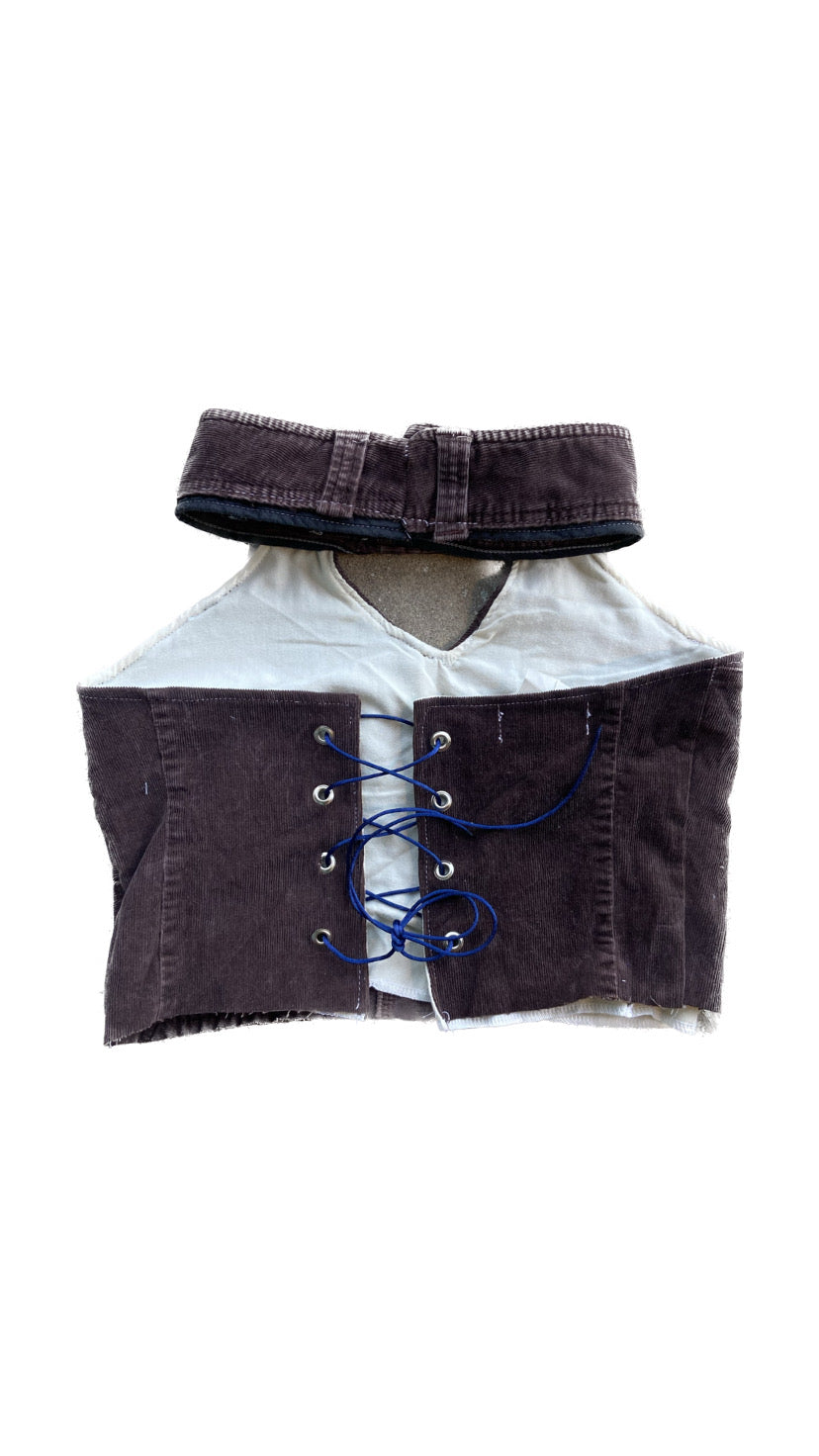 brown handmade upcycled corduroy cropped halter top, M