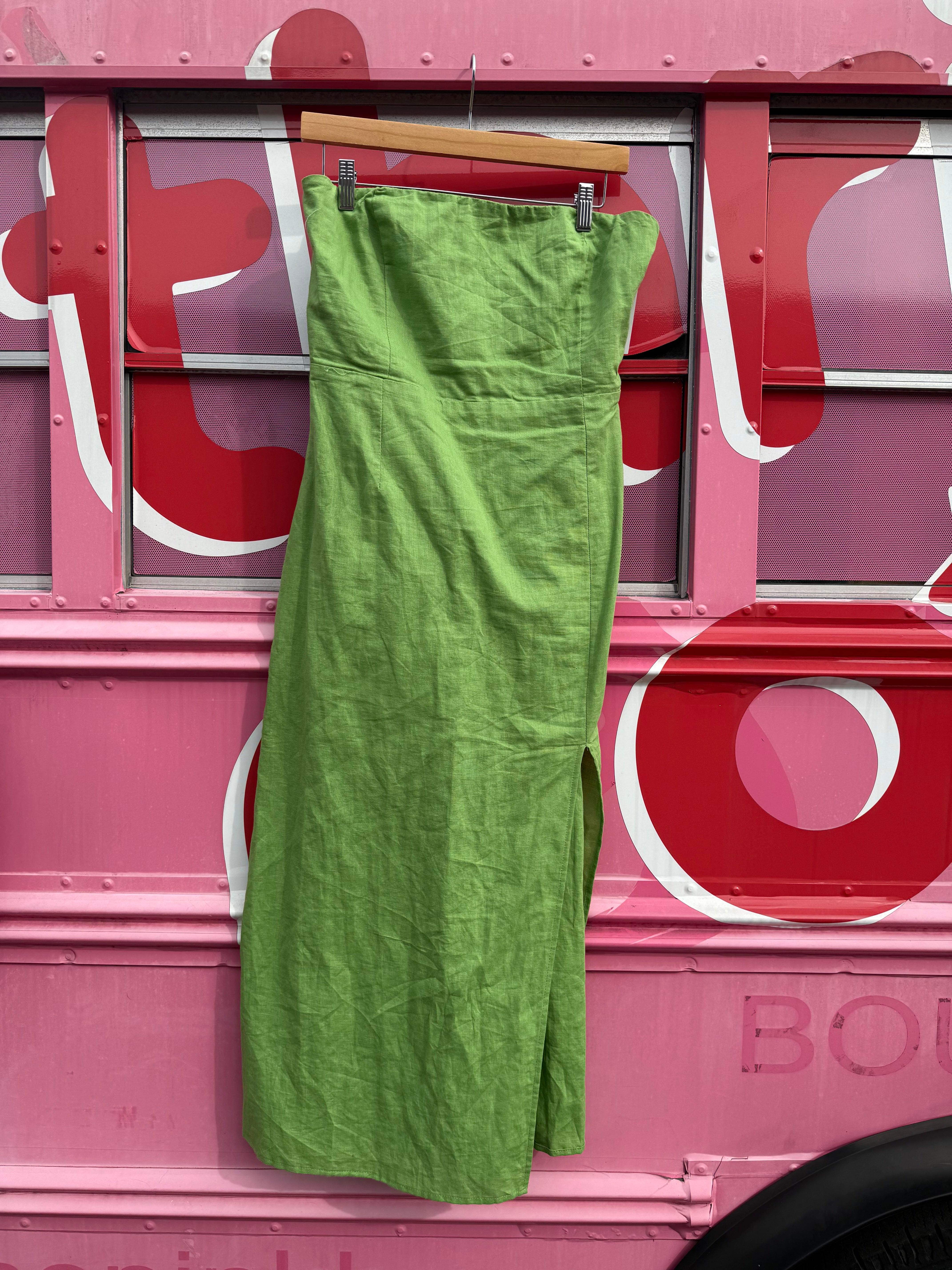green lost + wander strapless midi dress, L