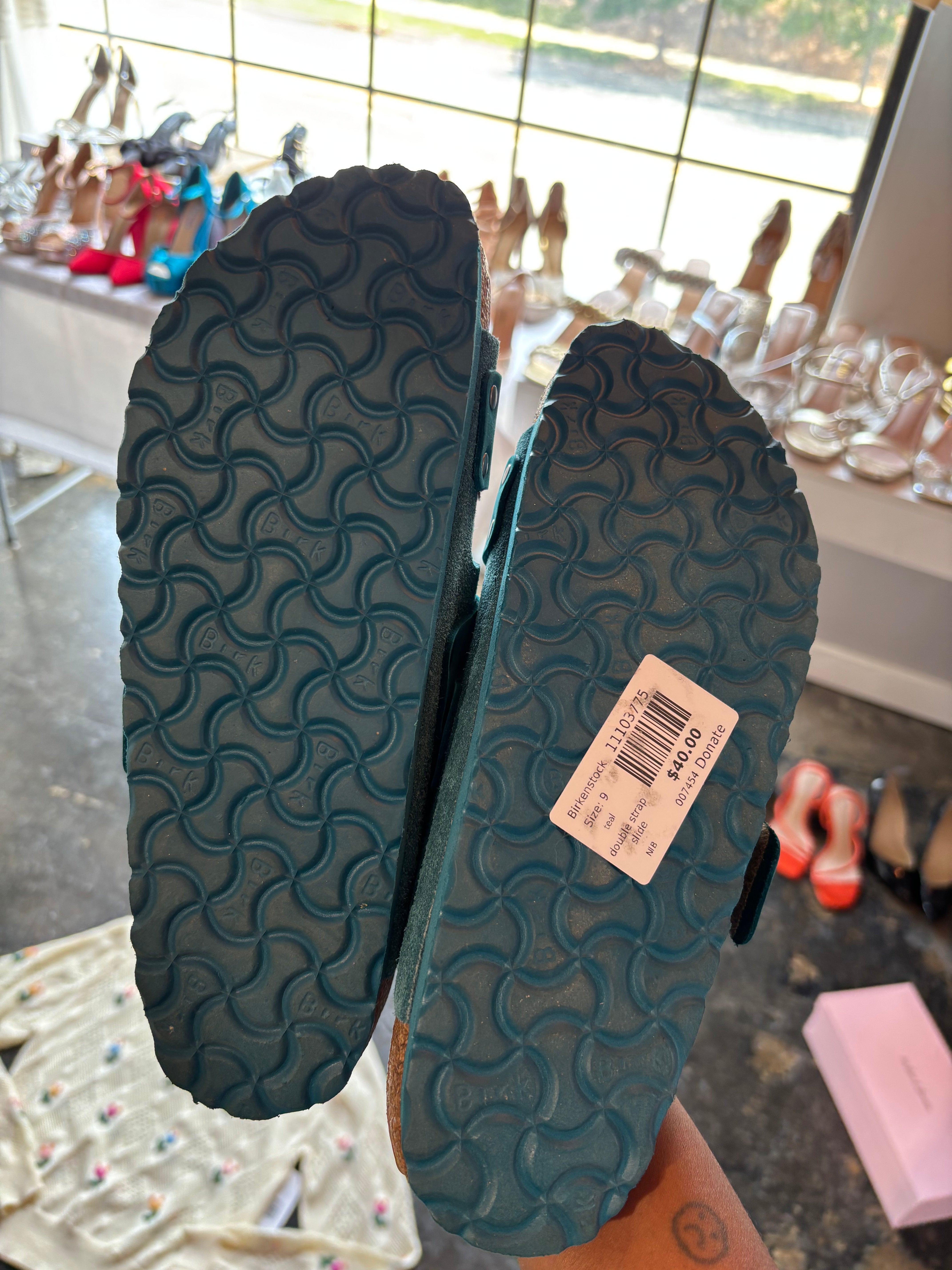 teal Birkenstock double strap slide, 9