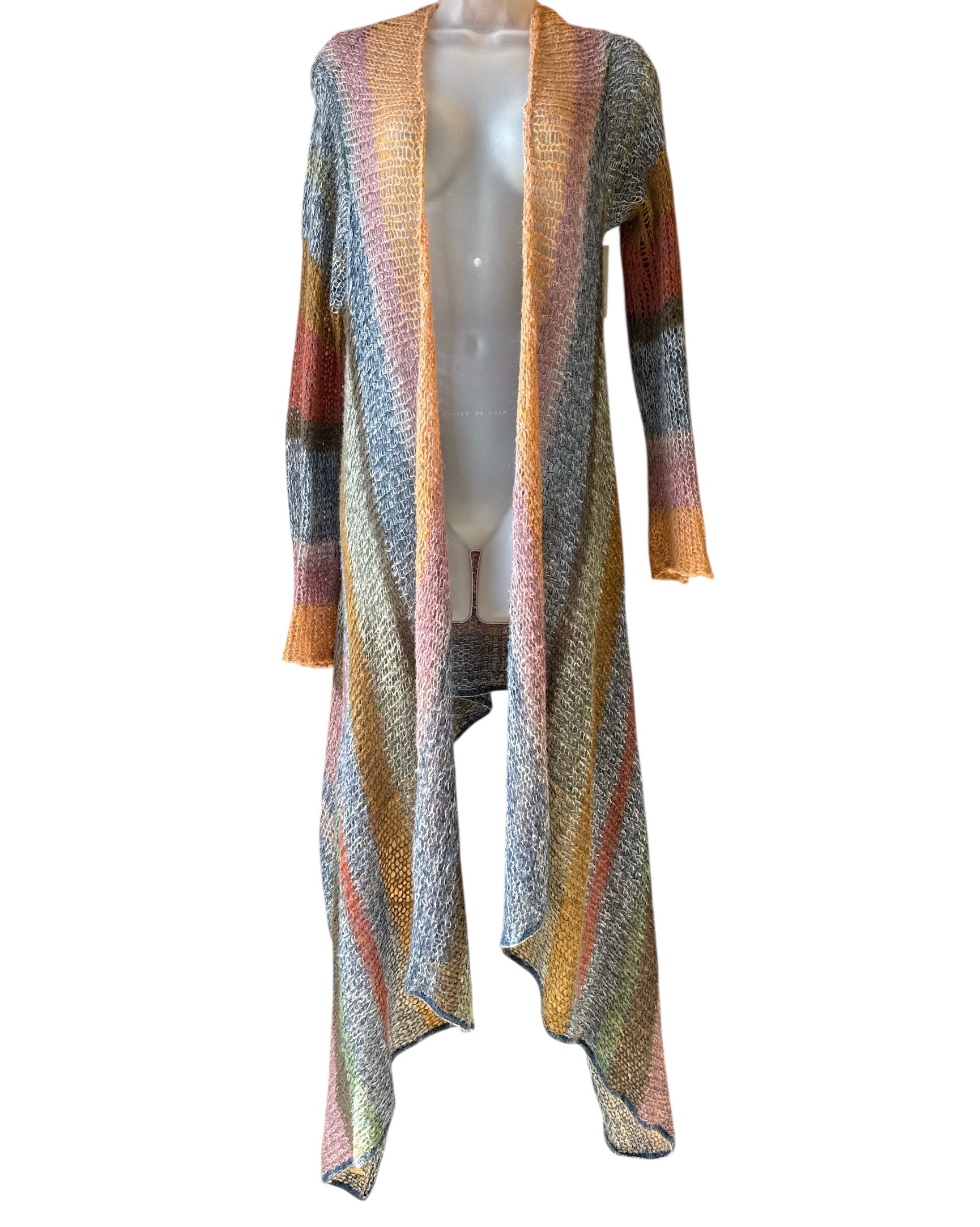 blue orange green knitted & knotted striped tinsel thin cardigan, s