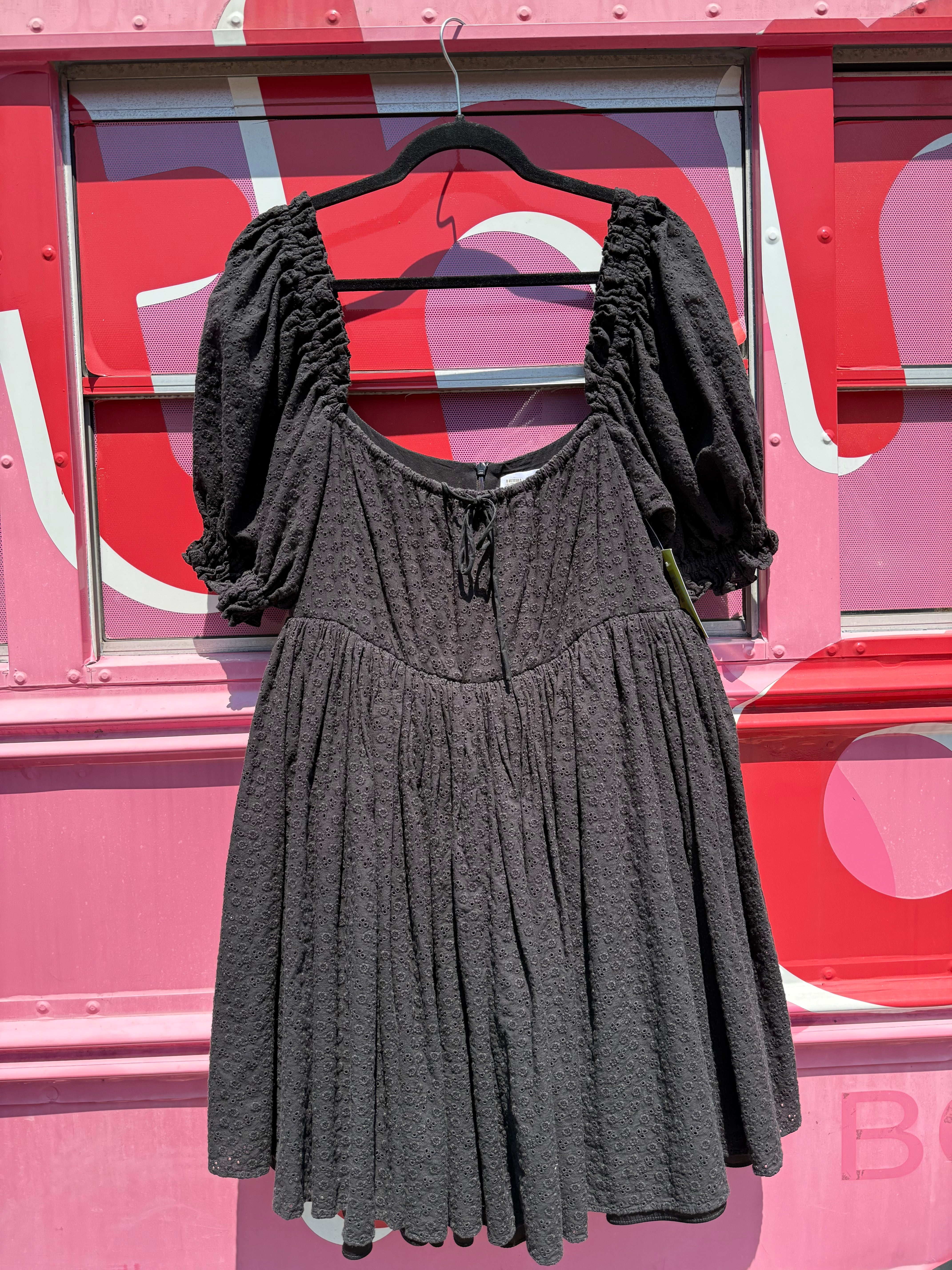 black selkie eyelet puff sleeve mini dress