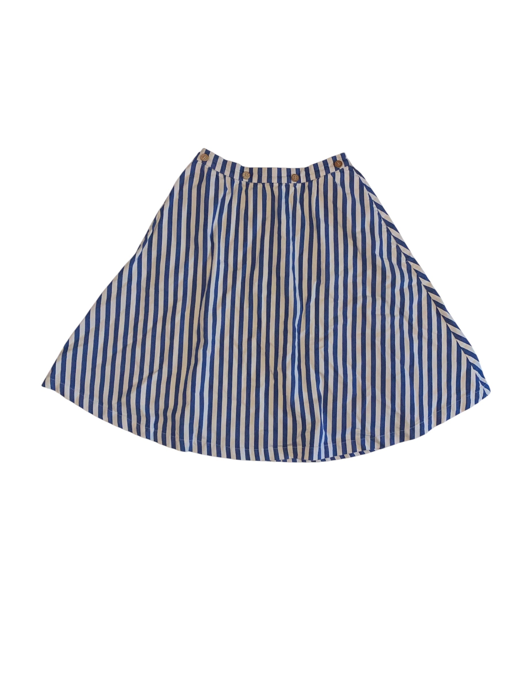 blue white mo:vint striped midi skirt w buttons, xs