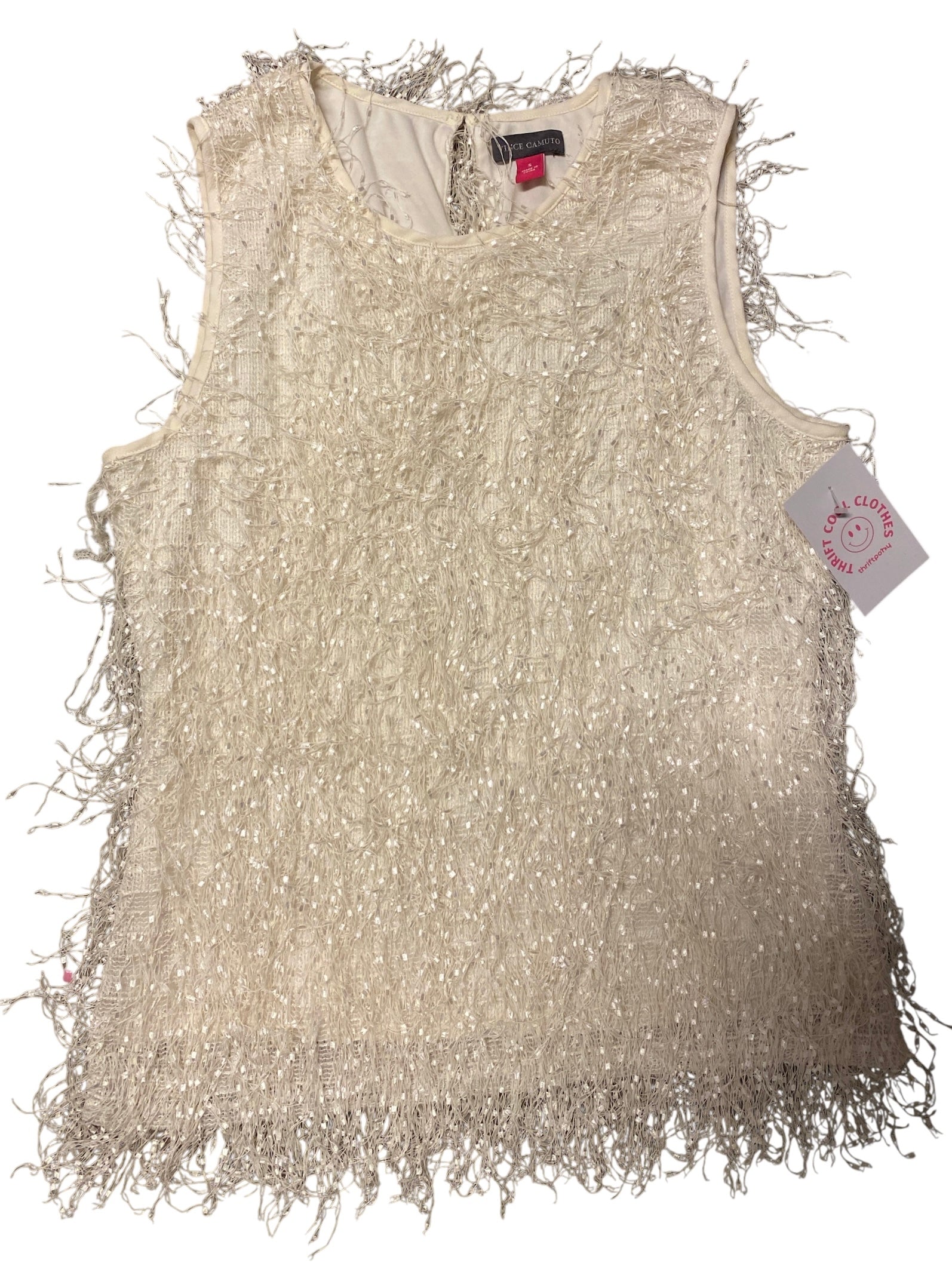 cream vince camuto frilly fringe white sleeveless top, s