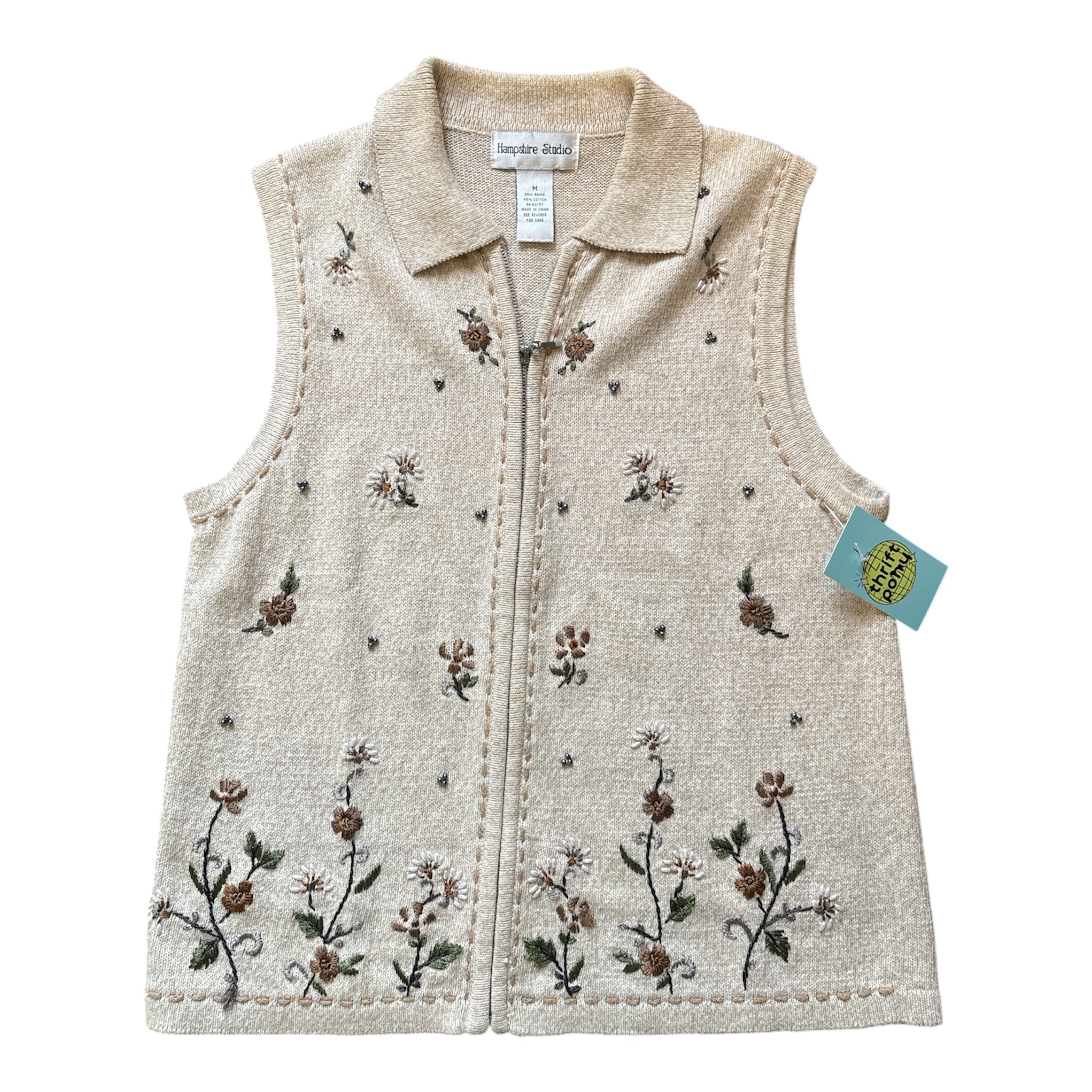 beige hampshire studio knit floral zip up vest, m