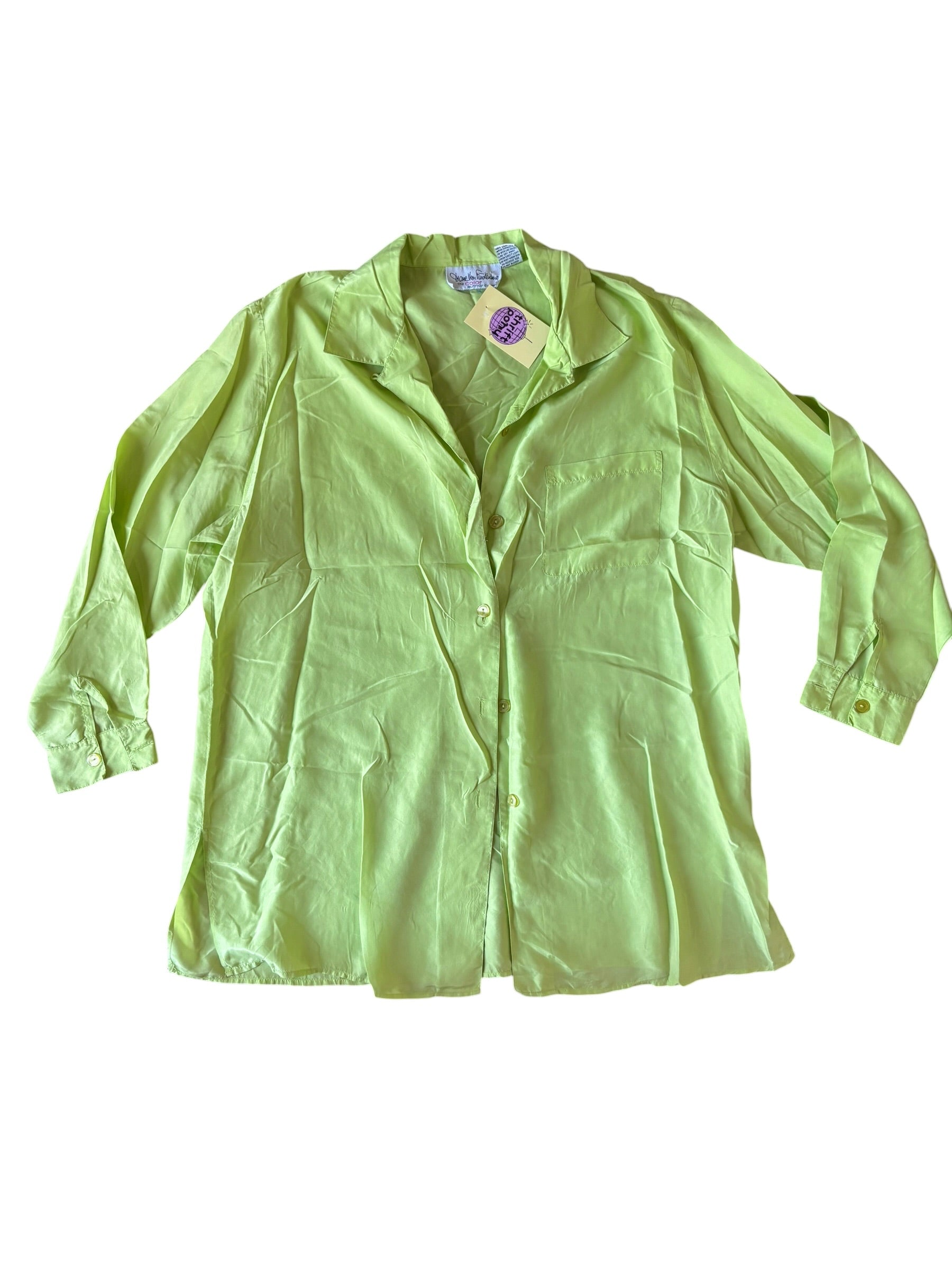 green diane von furstenburg 100% silk ls button up, L vintage 1980’s