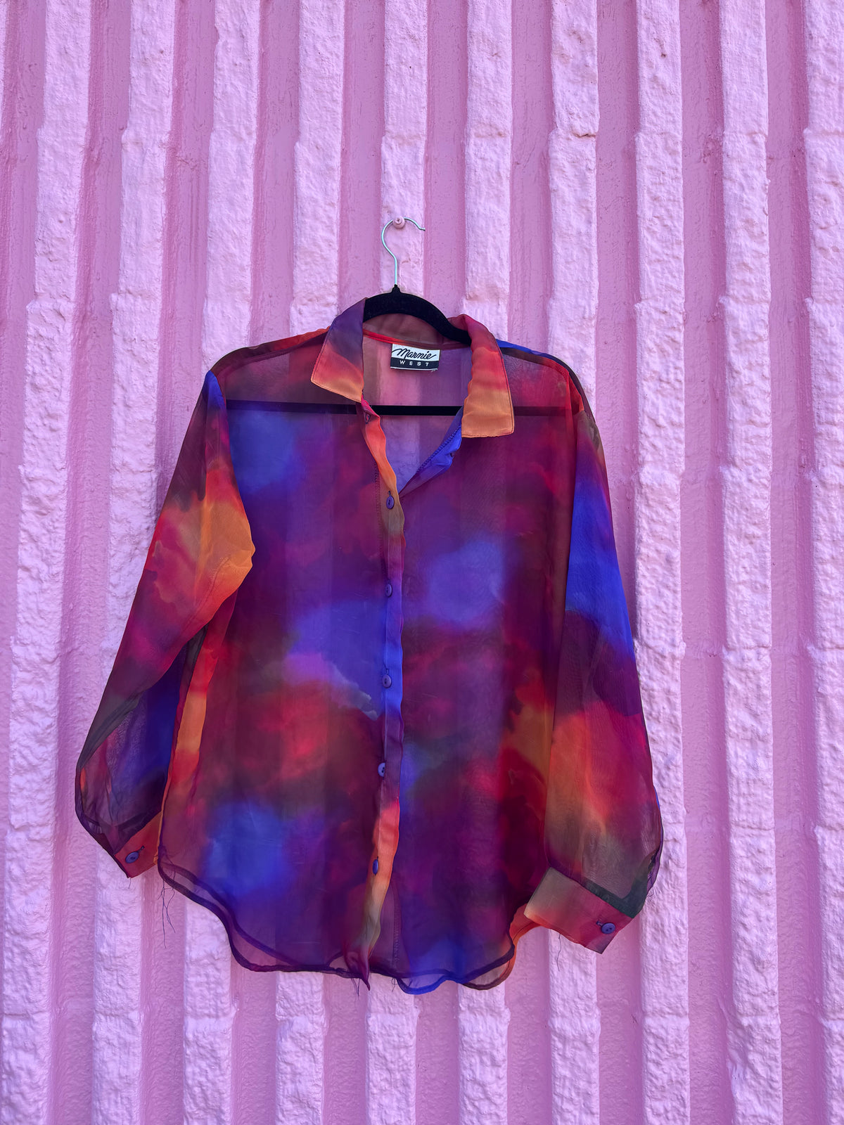 blue pink orange vtg Marnie west water color sheer polo, M