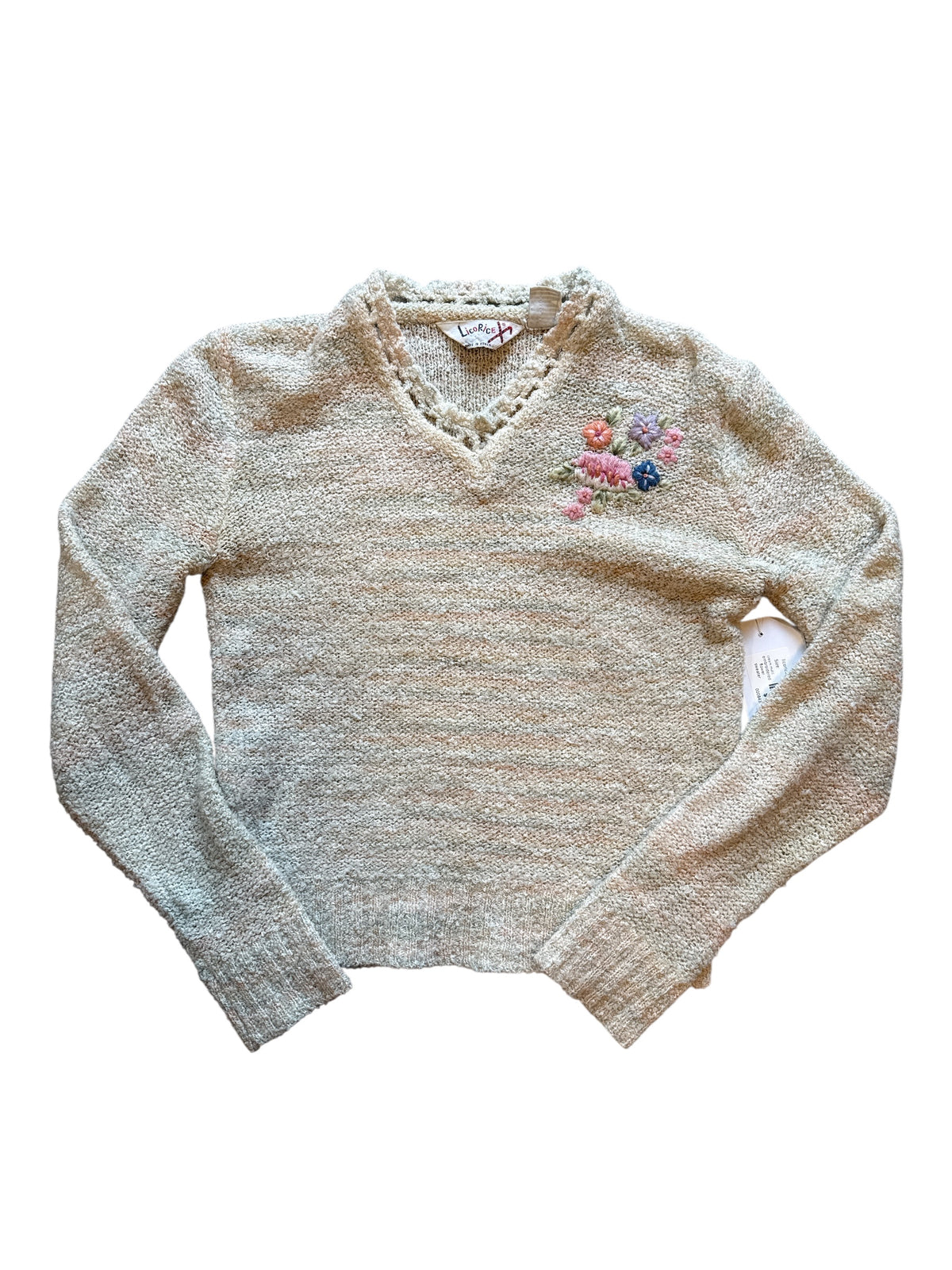 cream multi licorice embroidered flower sweater, s