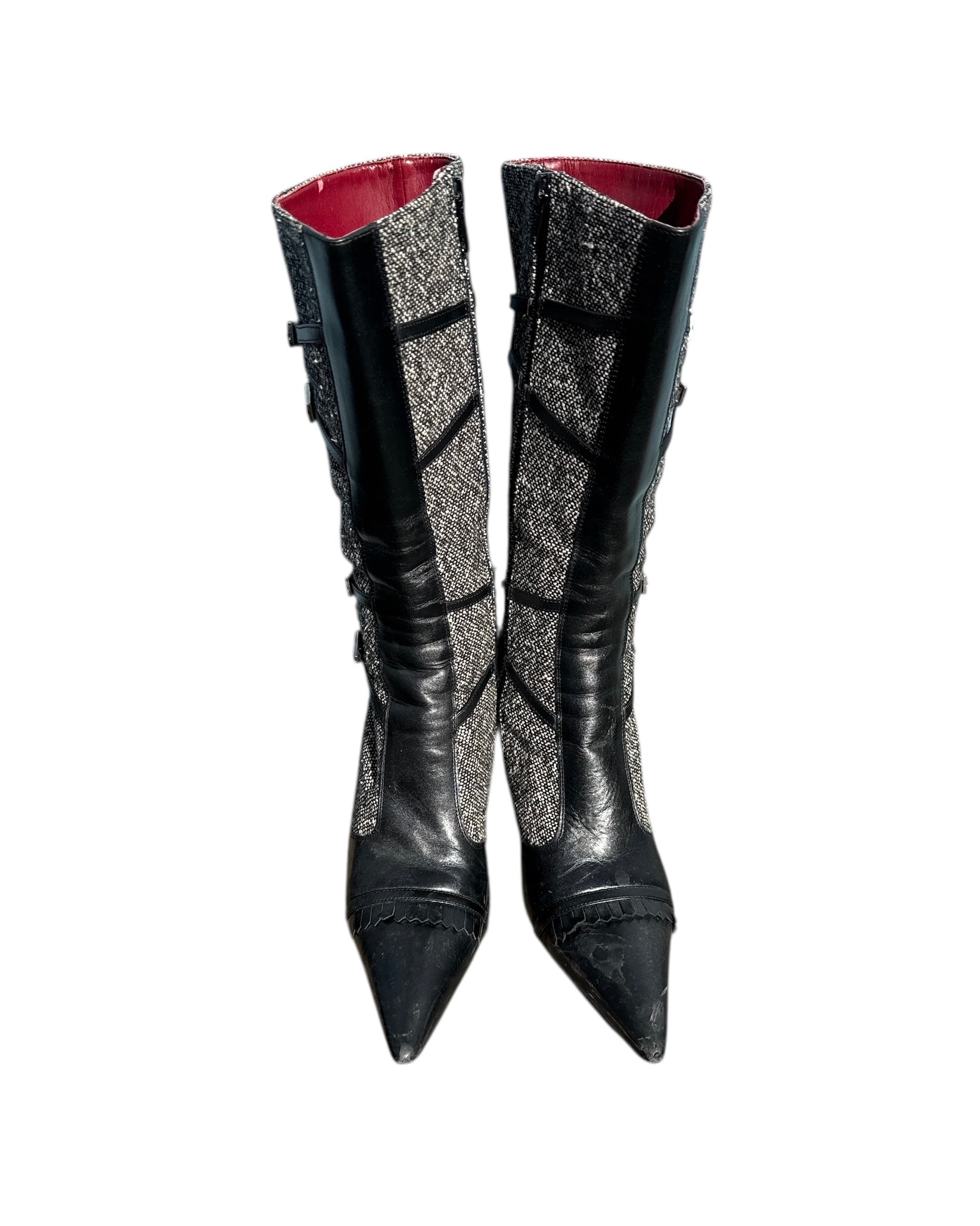 black gray carlos alberto tweed pointed boots w leather details, 7.5