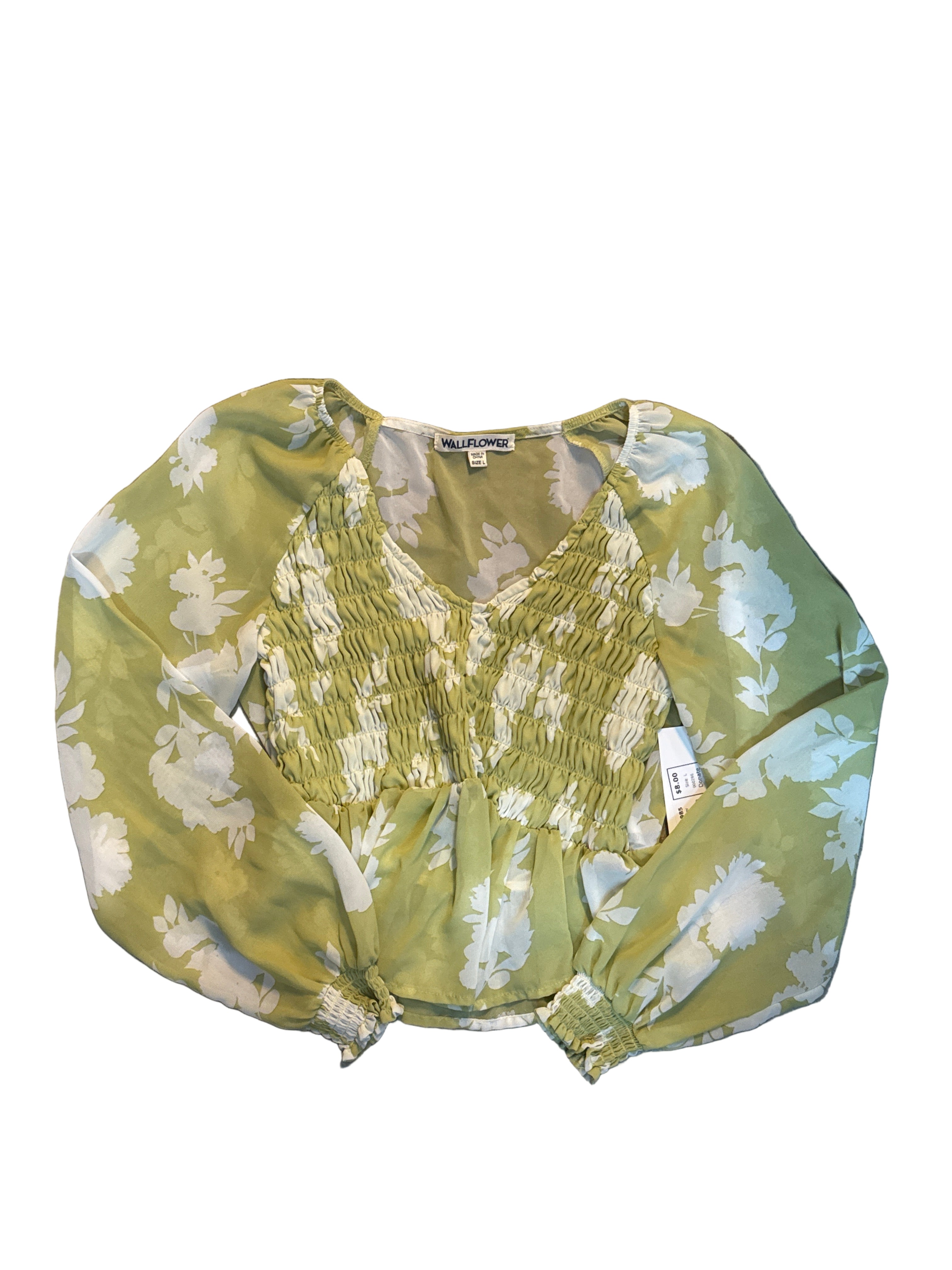 green wallflower ruch floral v neck blouse, L