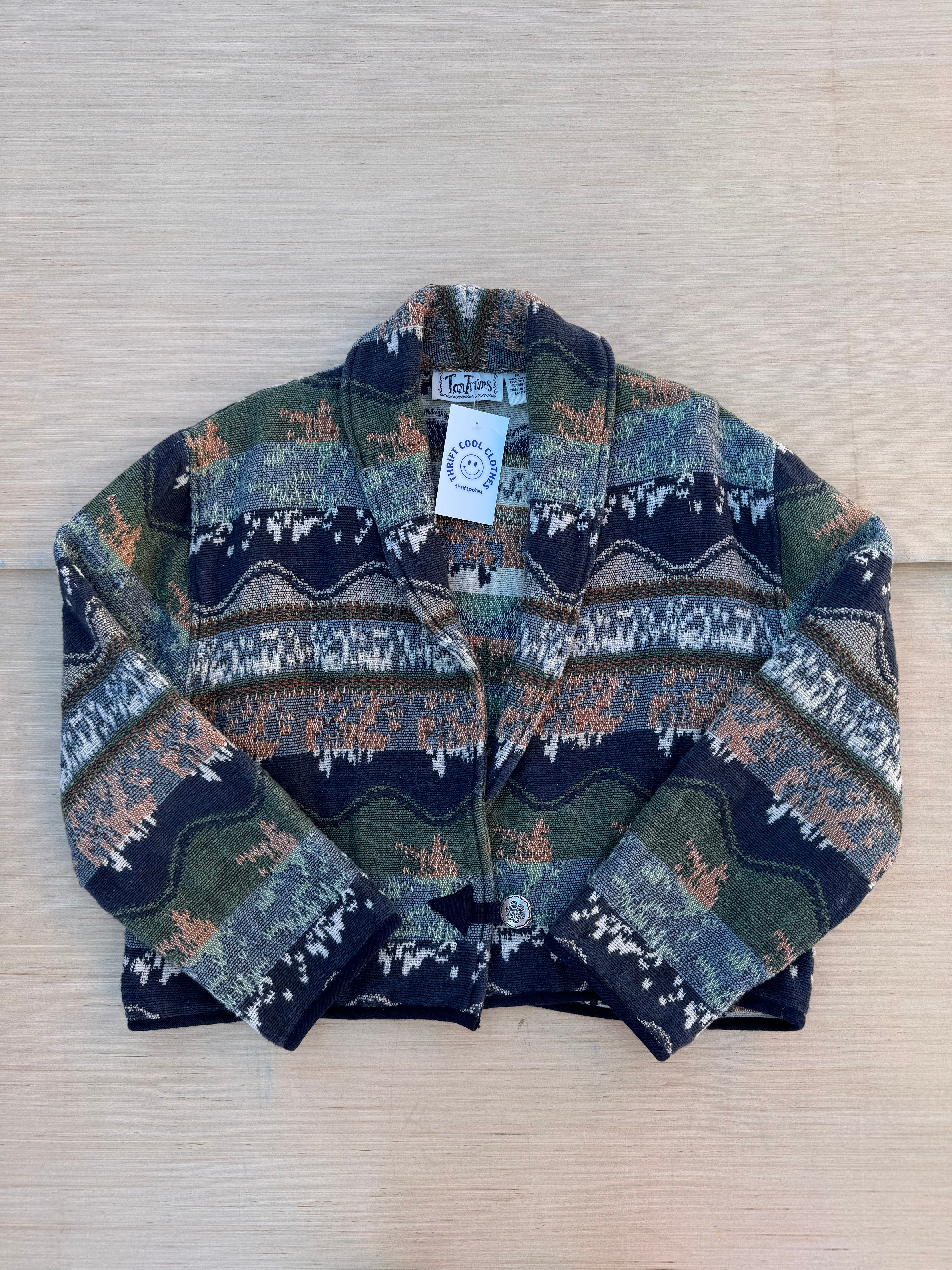Green brown Tan trums Tapestry jacket, L