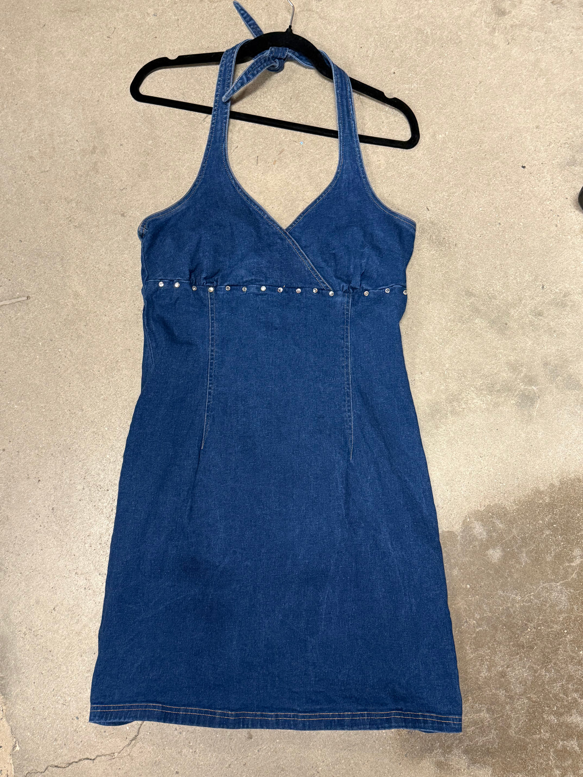 blue California concepts denim bedazzled halter dress, m