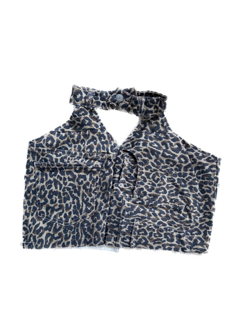 brown black handmade upcycled cheetah print denim cropped halter top