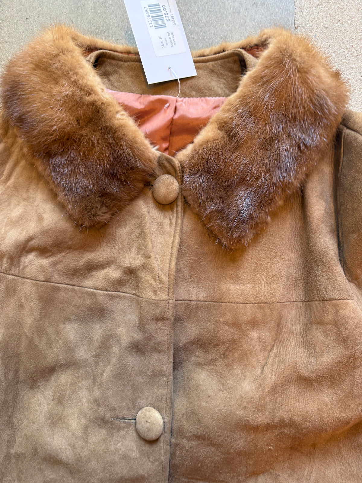 brown leather fur trim coat, 16 (fits like M)