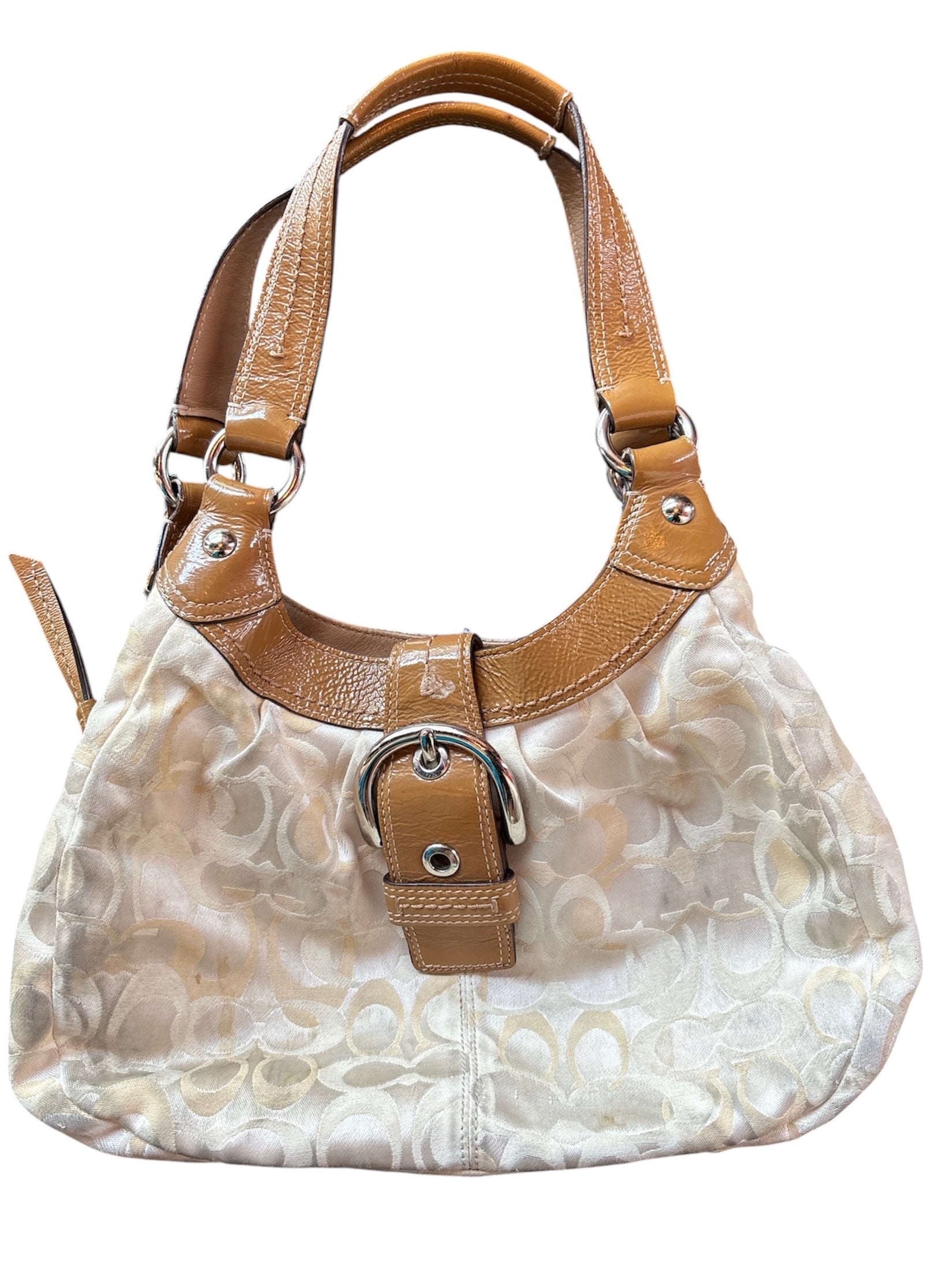brown tan coach branded shoulder bag