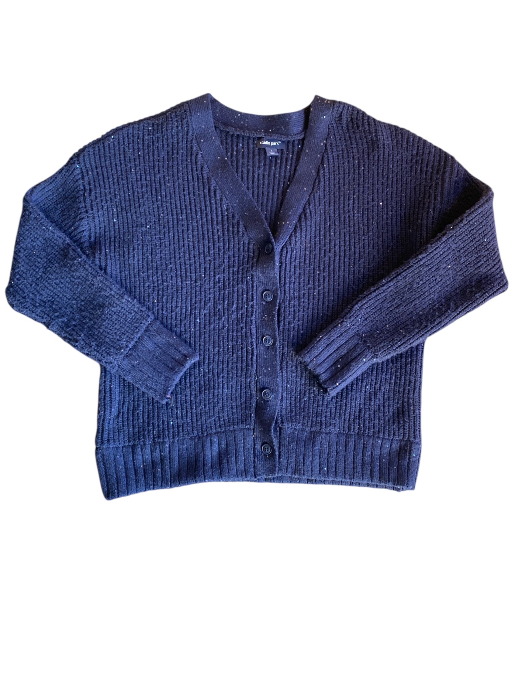 navy studio park ribbbed sequin sweater, L