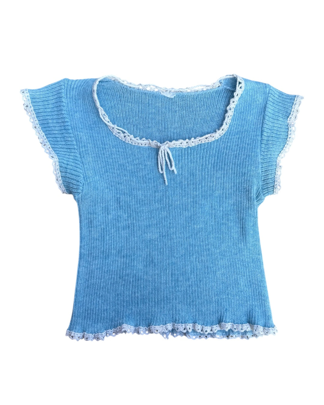 blue white knit baby top w lace trim, XS