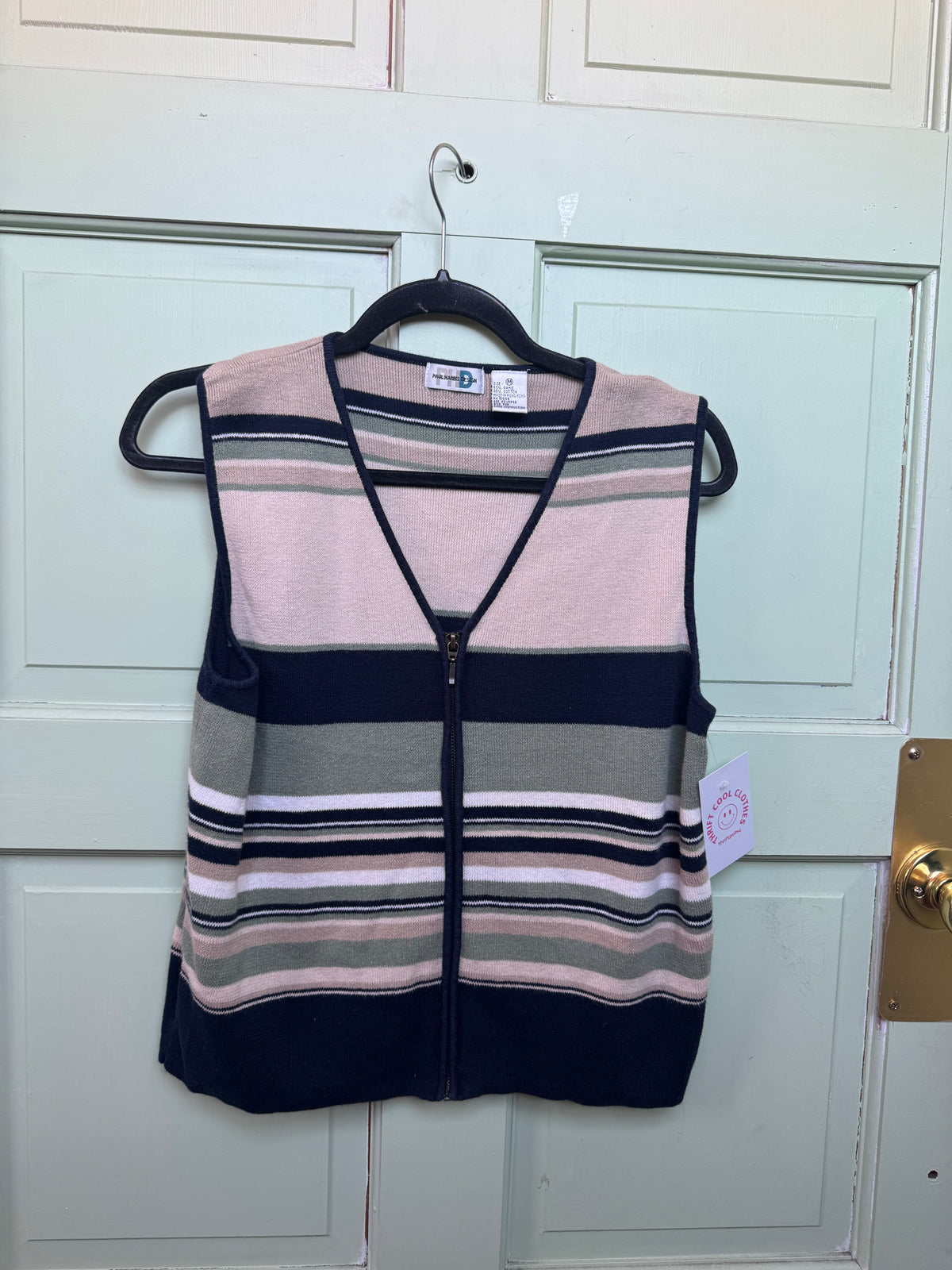 green cream blue paul harris design striped knit vest w zip, m