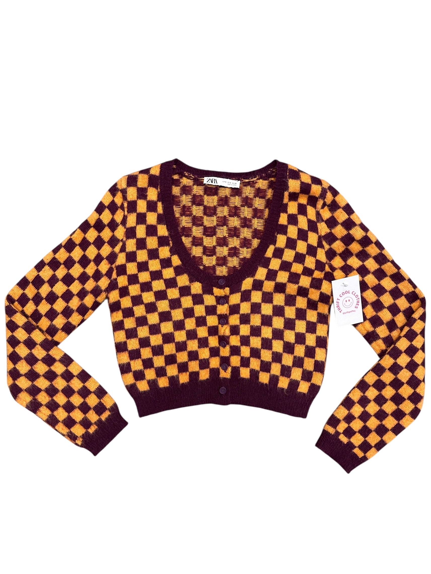 orange maroon Zara checkered cardi, M