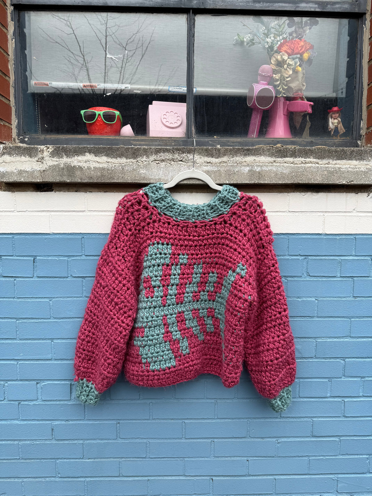 Pink blue Handmade fishbone crocheted sweater