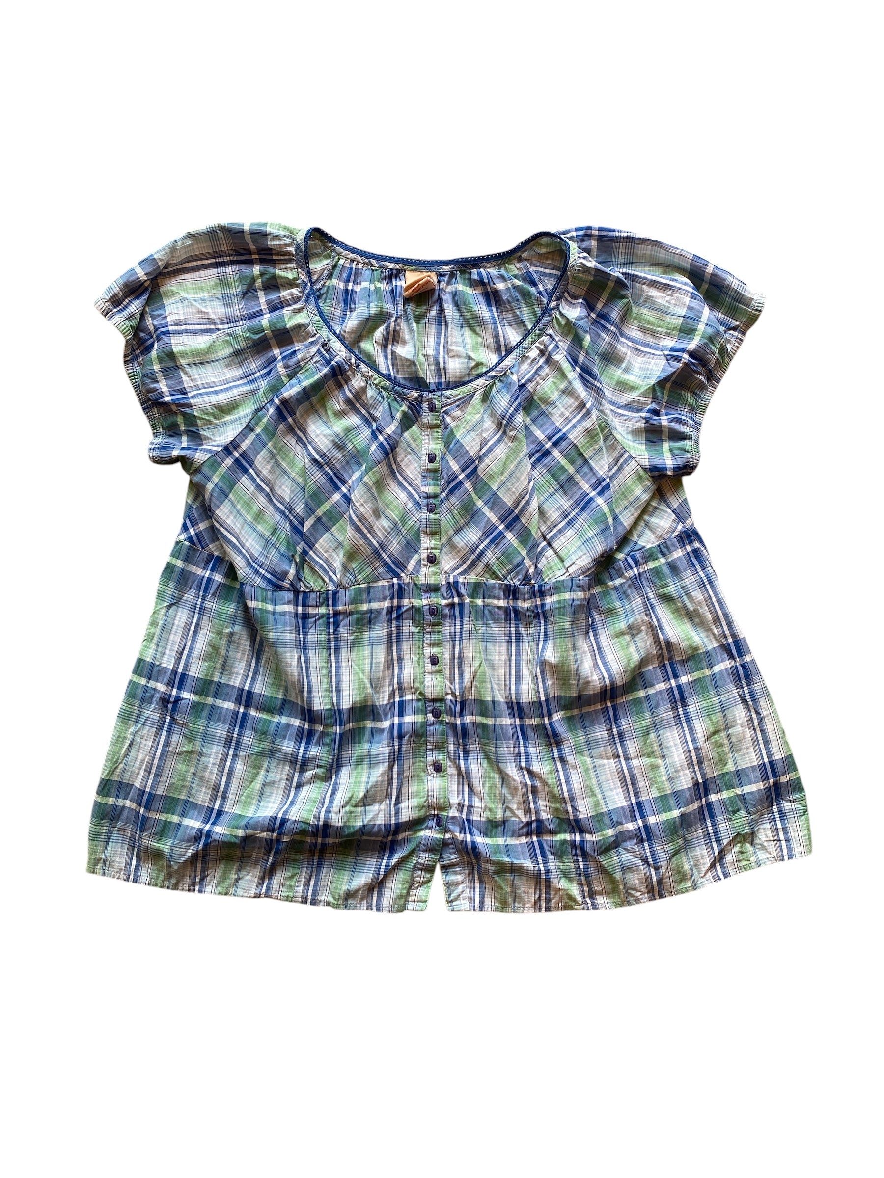 Blue Green Faded Glory Plaid puff sleeve button top, 2X