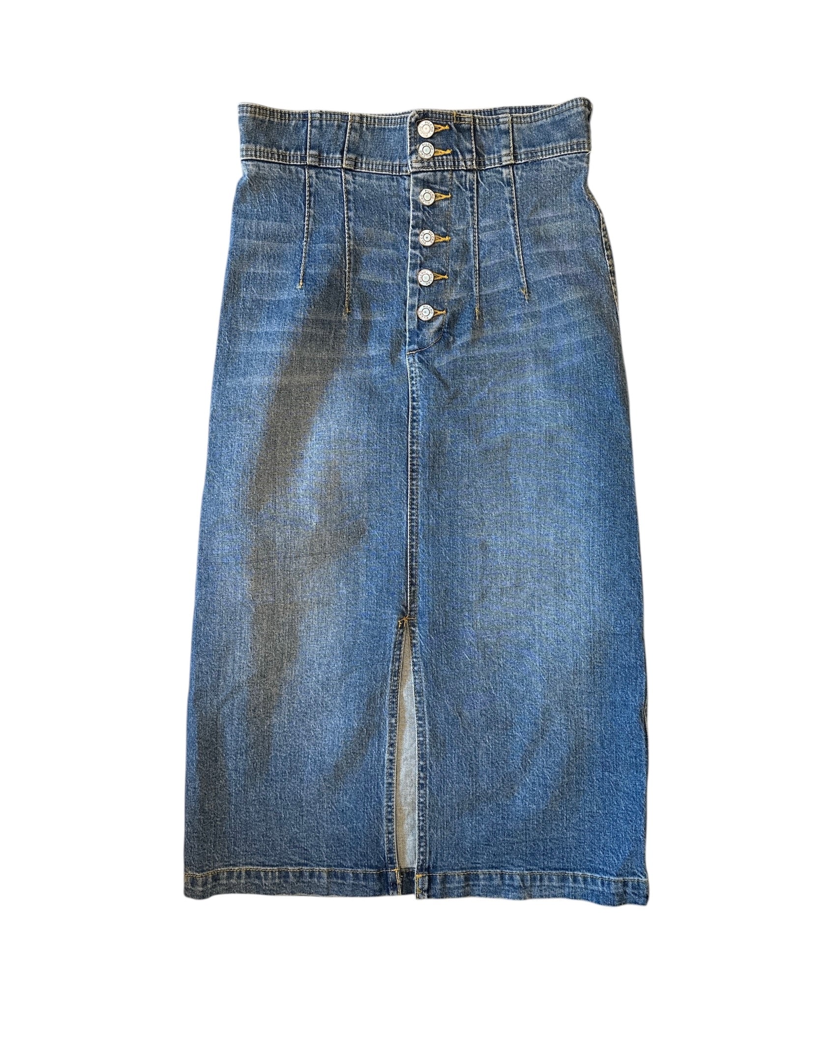 blue pilcro denim midi skirt, 4